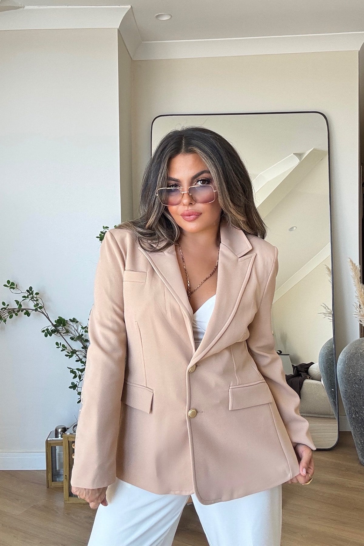 Gold Düğmeli Slim Fit Blazer Ceket Bej