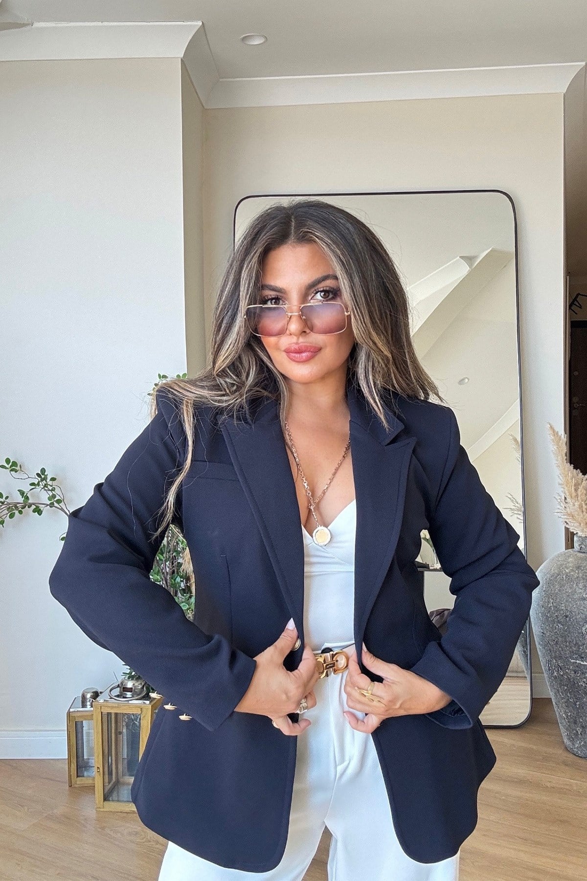 Gold Düğmeli Slim Fit Blazer Ceket Lacivert