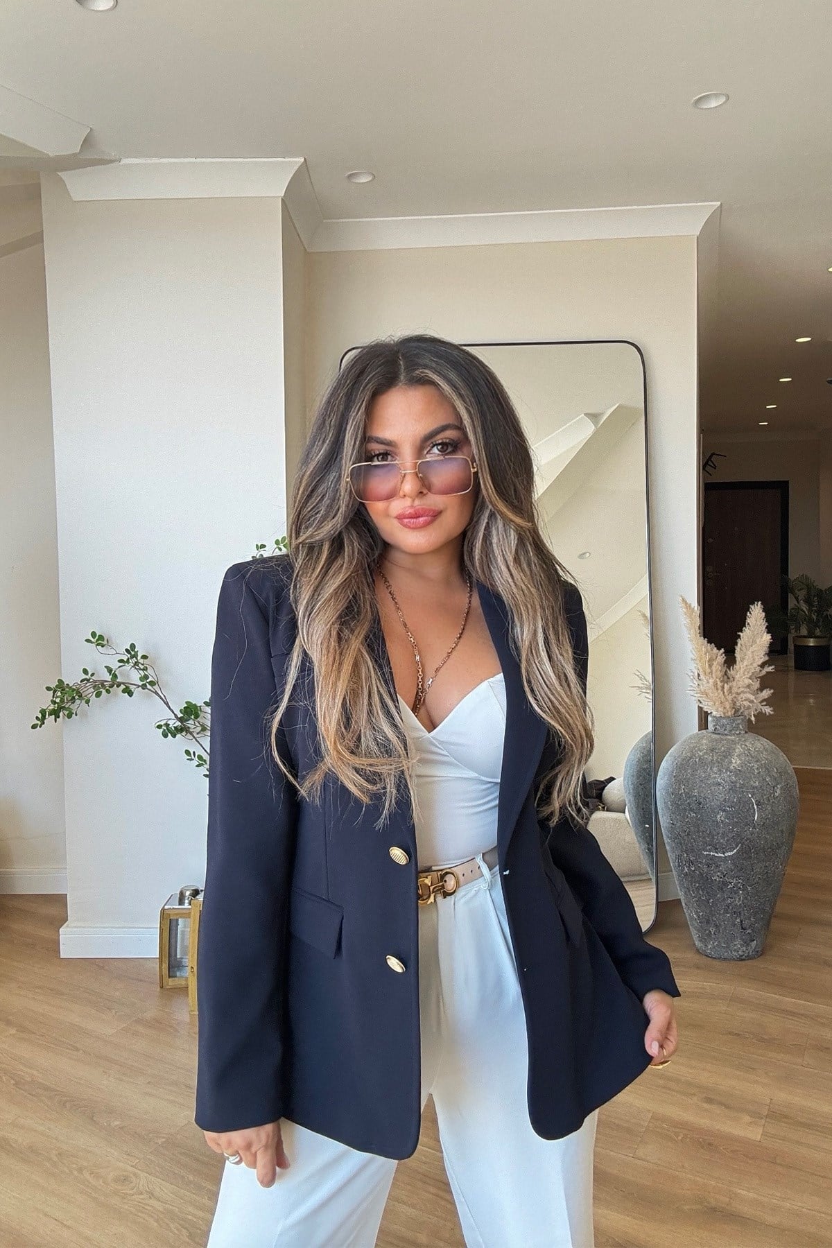 Gold Düğmeli Slim Fit Blazer Ceket Lacivert