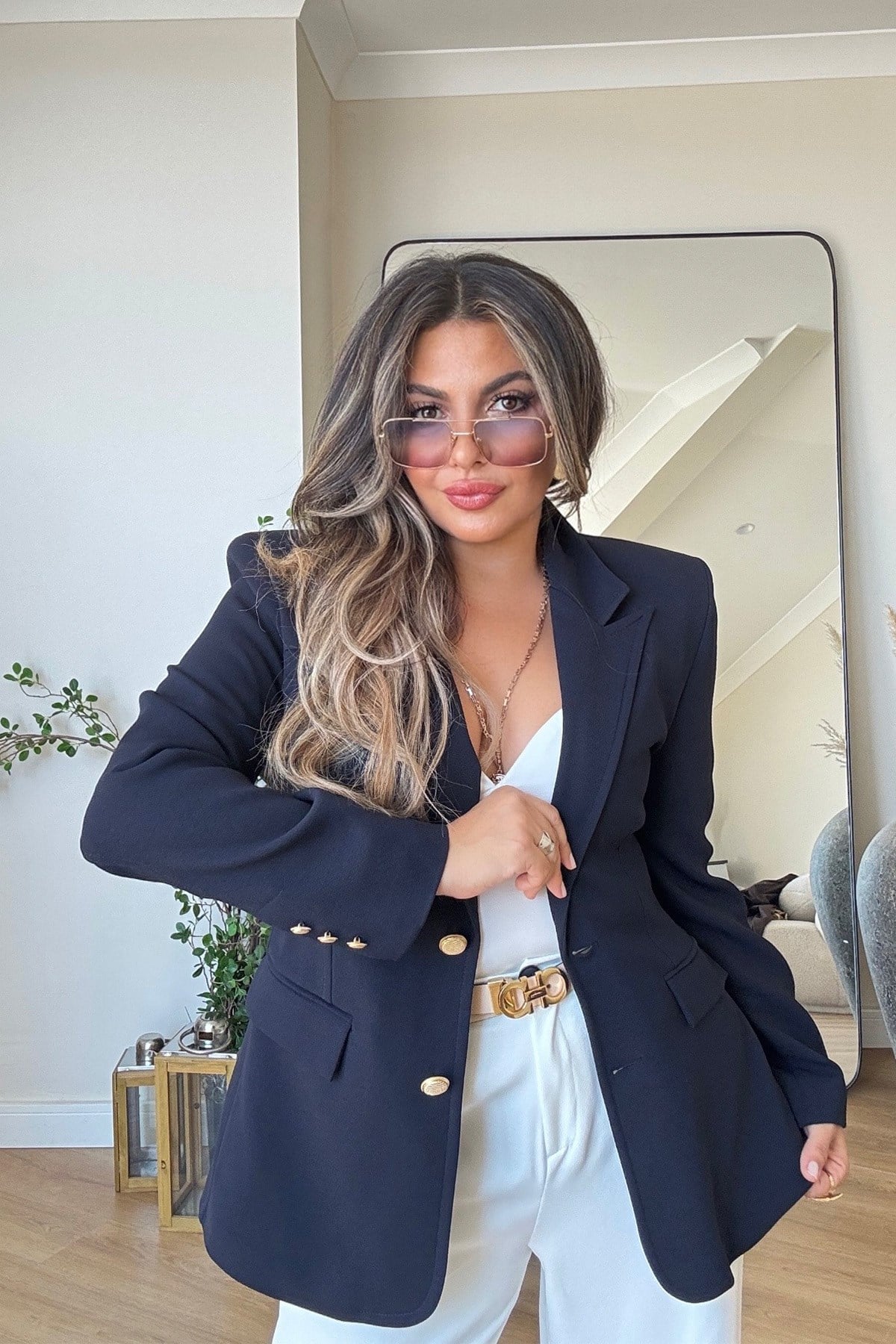 Gold Düğmeli Slim Fit Blazer Ceket Lacivert