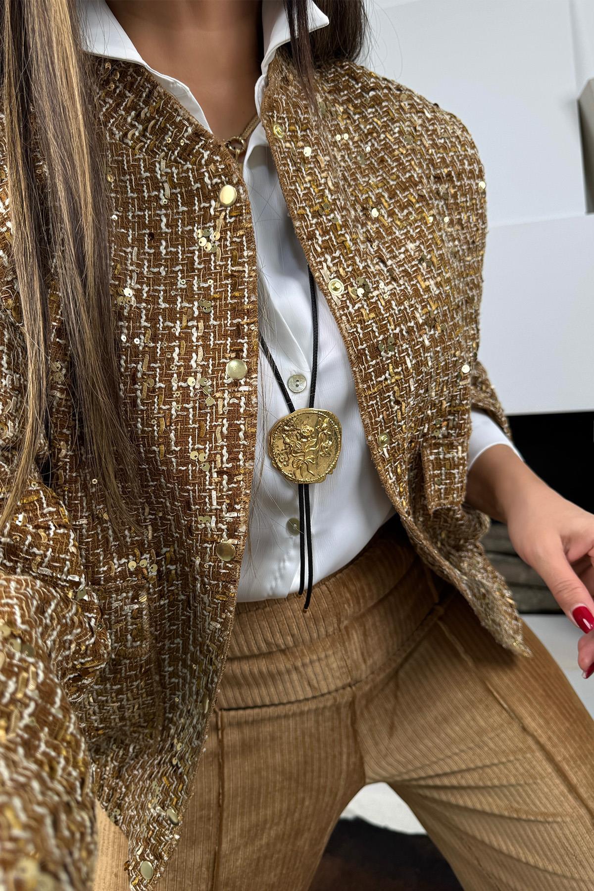 Gold Kırçıllı Tüvit Bomber Ceket Taba