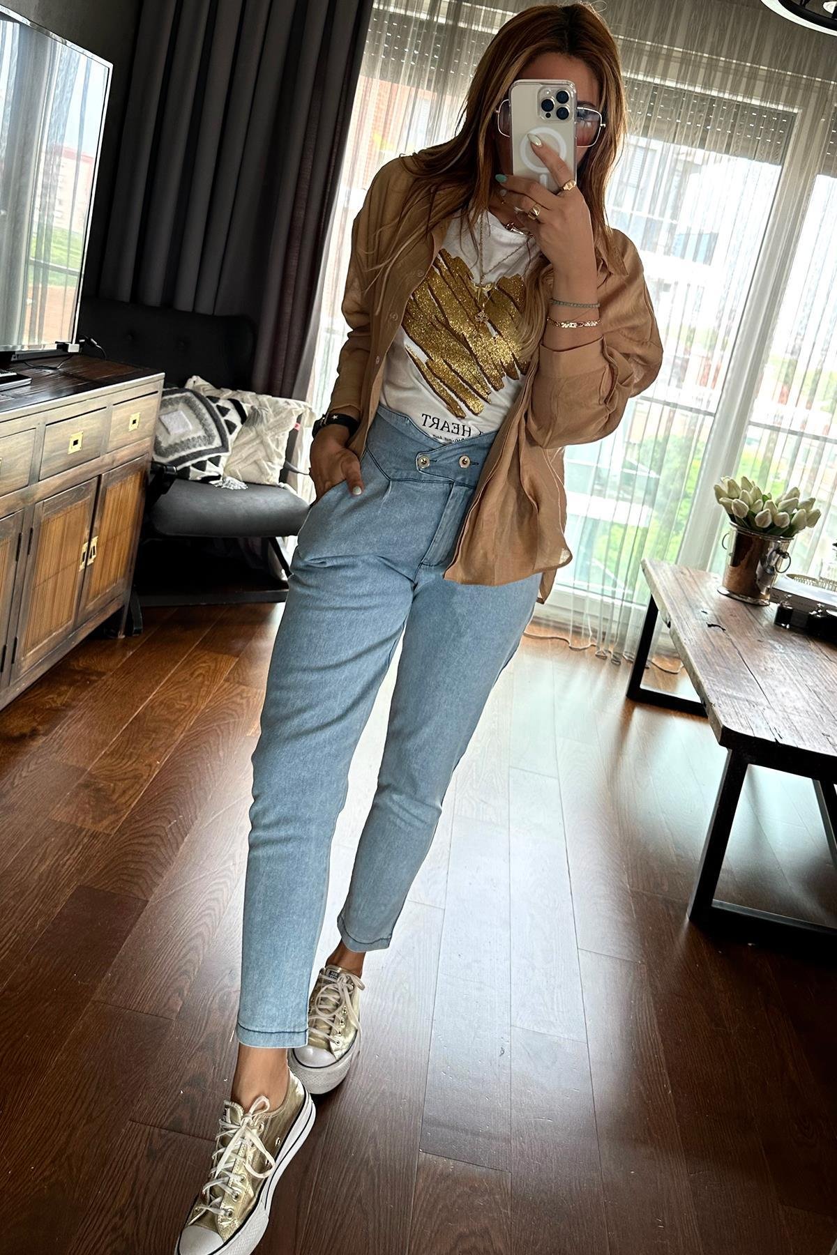 Gold Simli Kalp Baskılı Tshirt Ekru