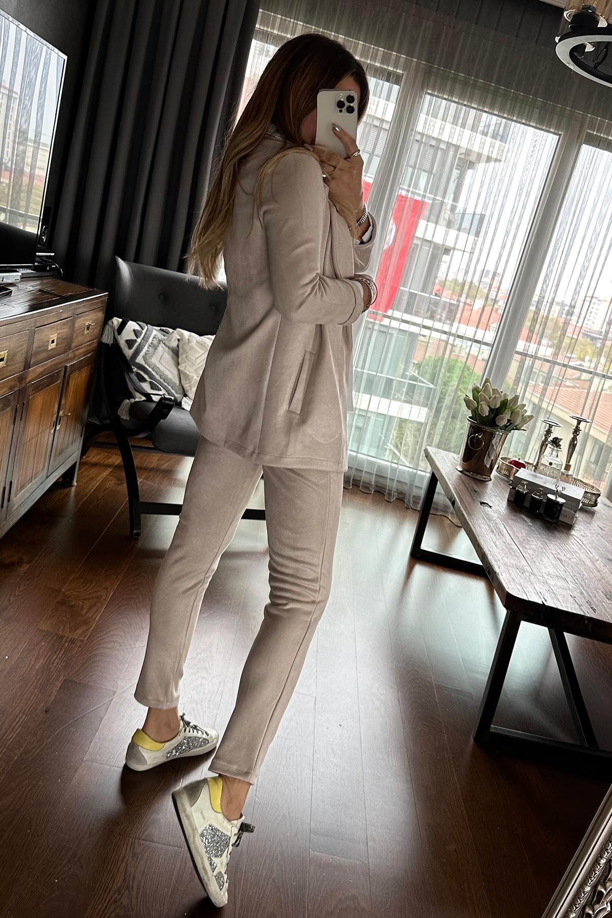 Güderi Beli Lastikli Pantolon Taş