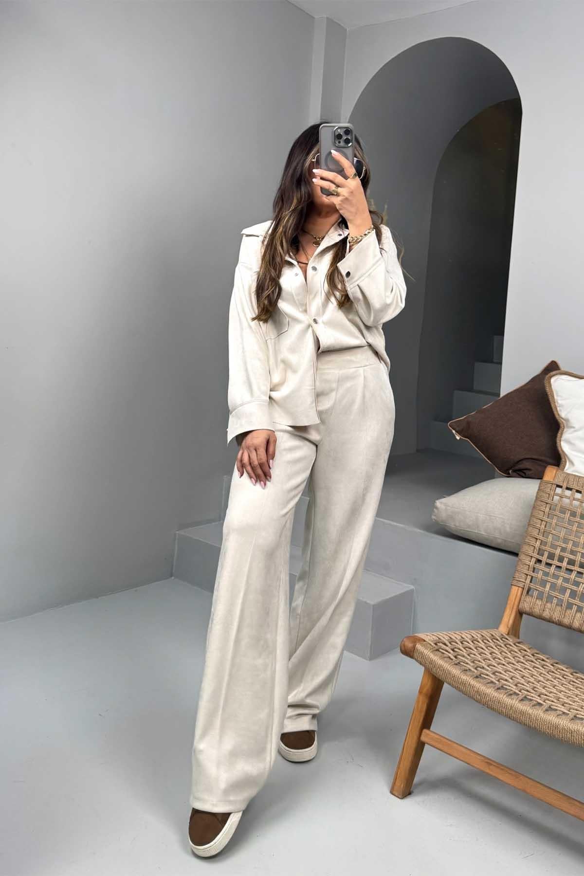 Güderi Cepli Gömlek Ekru