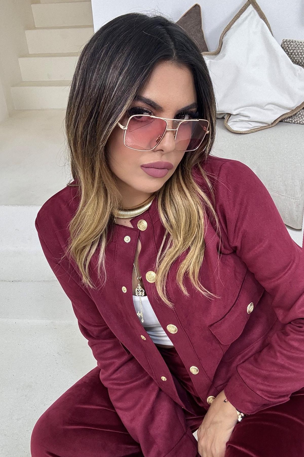 Güderi Gold Düğmeli Cepli Ceket Bordo