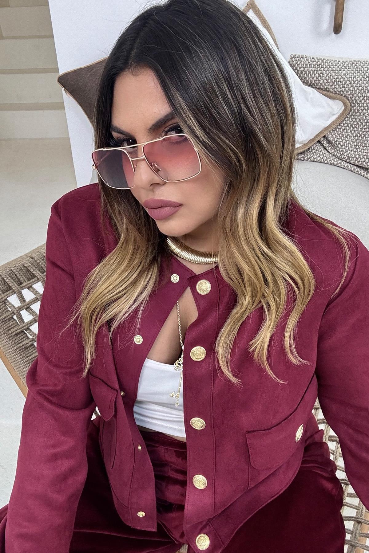 Güderi Gold Düğmeli Cepli Ceket Bordo