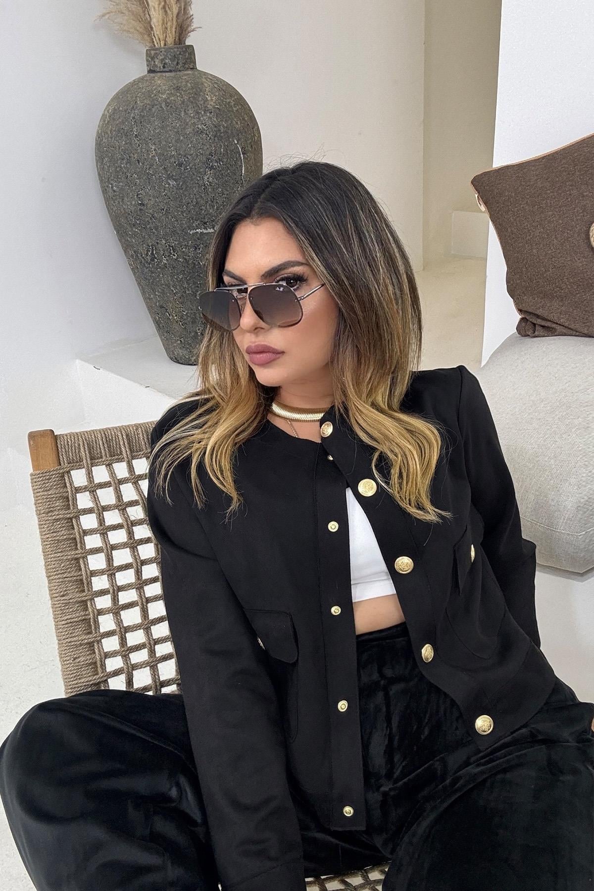 Güderi Gold Düğmeli Cepli Ceket Siyah