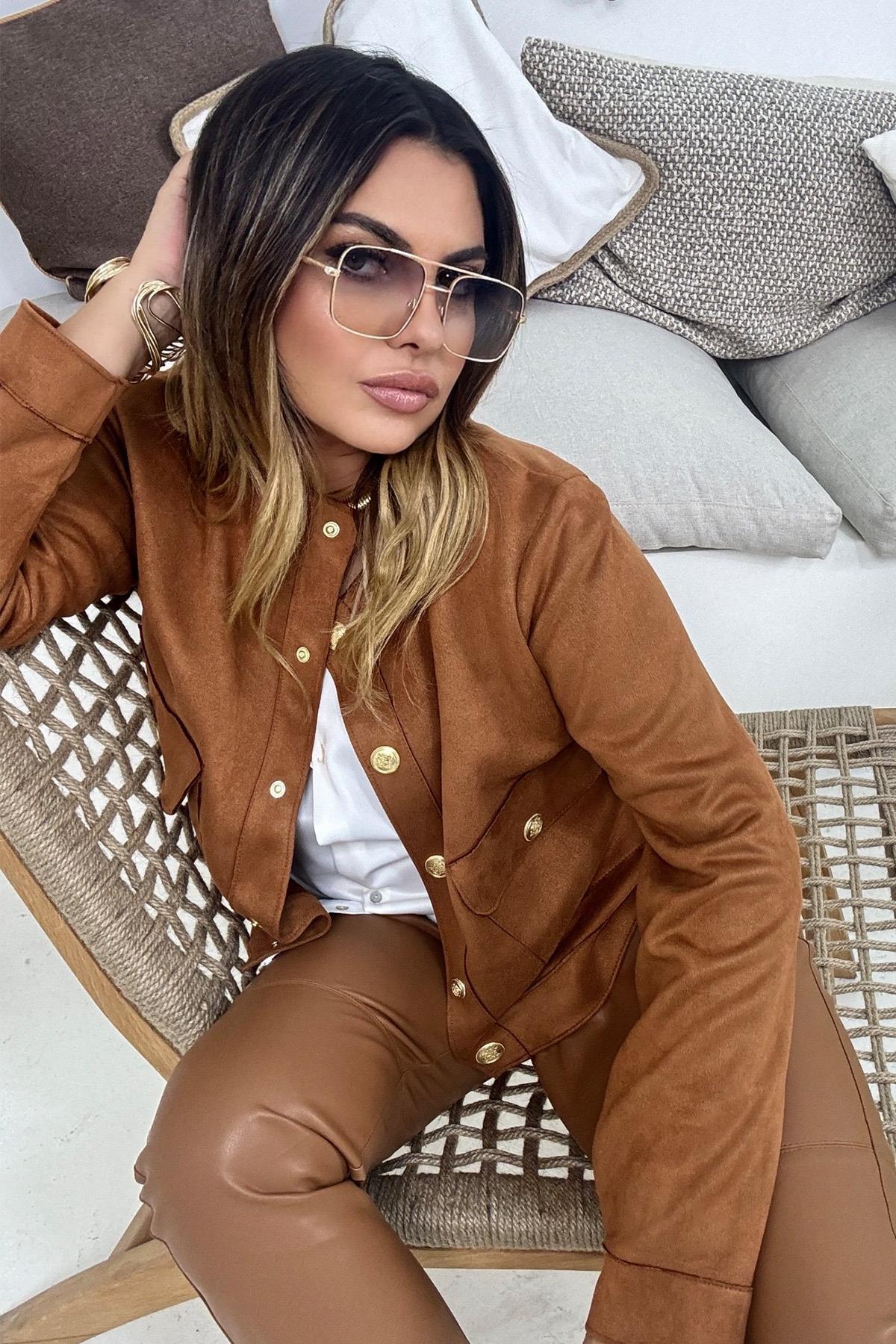 Güderi Gold Düğmeli Cepli Ceket Taba