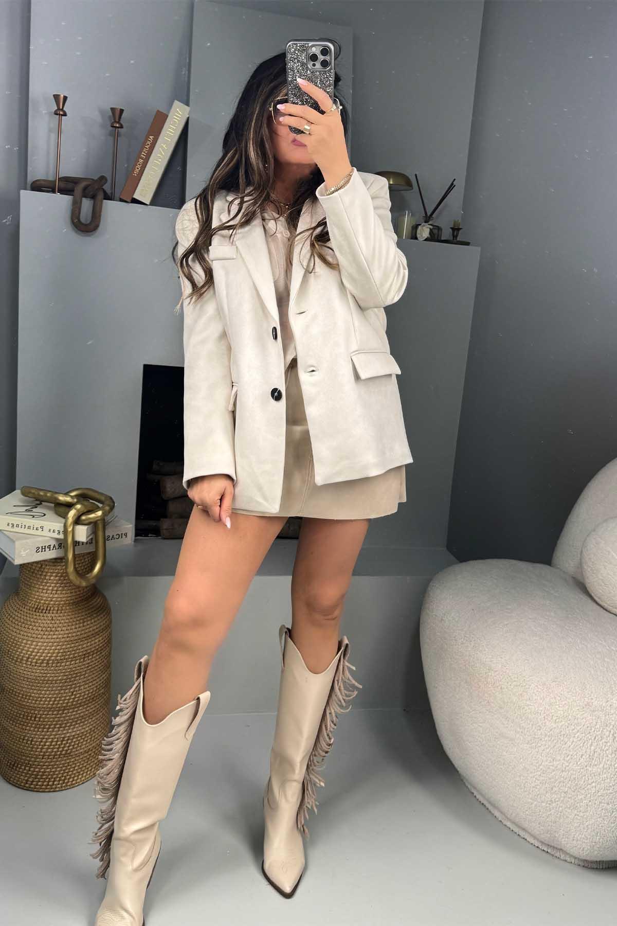 Güderi Kapaklı Cep Detay Blazer Ceket Ekru