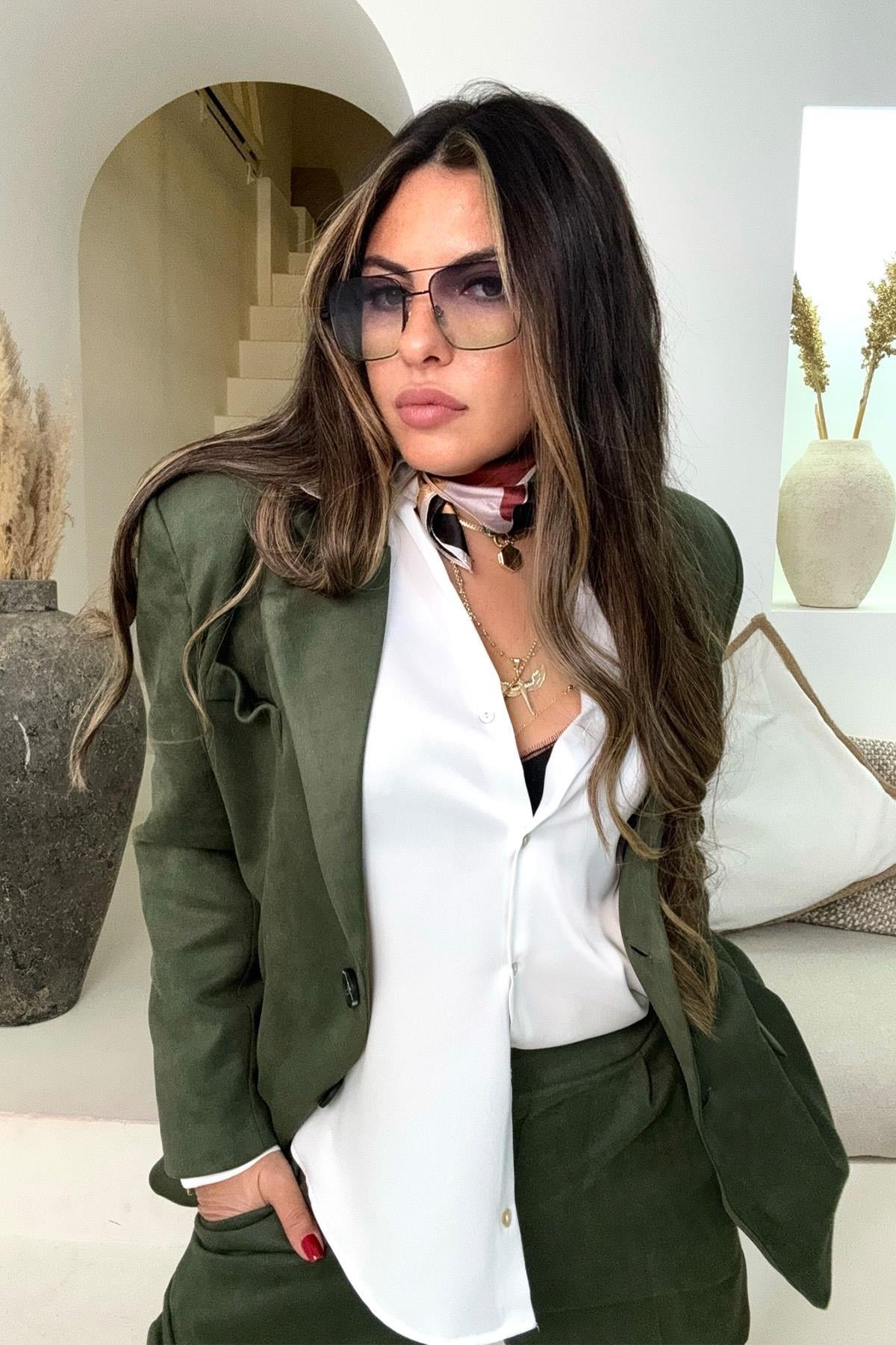 Güderi Kapaklı Cep Detay Blazer Ceket Yeşil