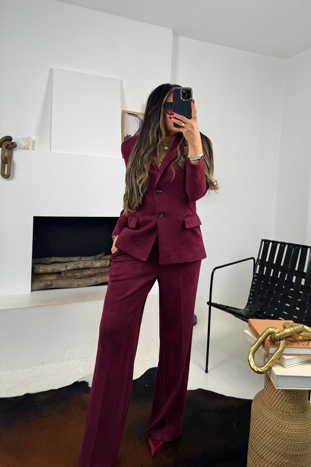Güderi Kapaklı Cep Detay Blazer Ceket Bordo