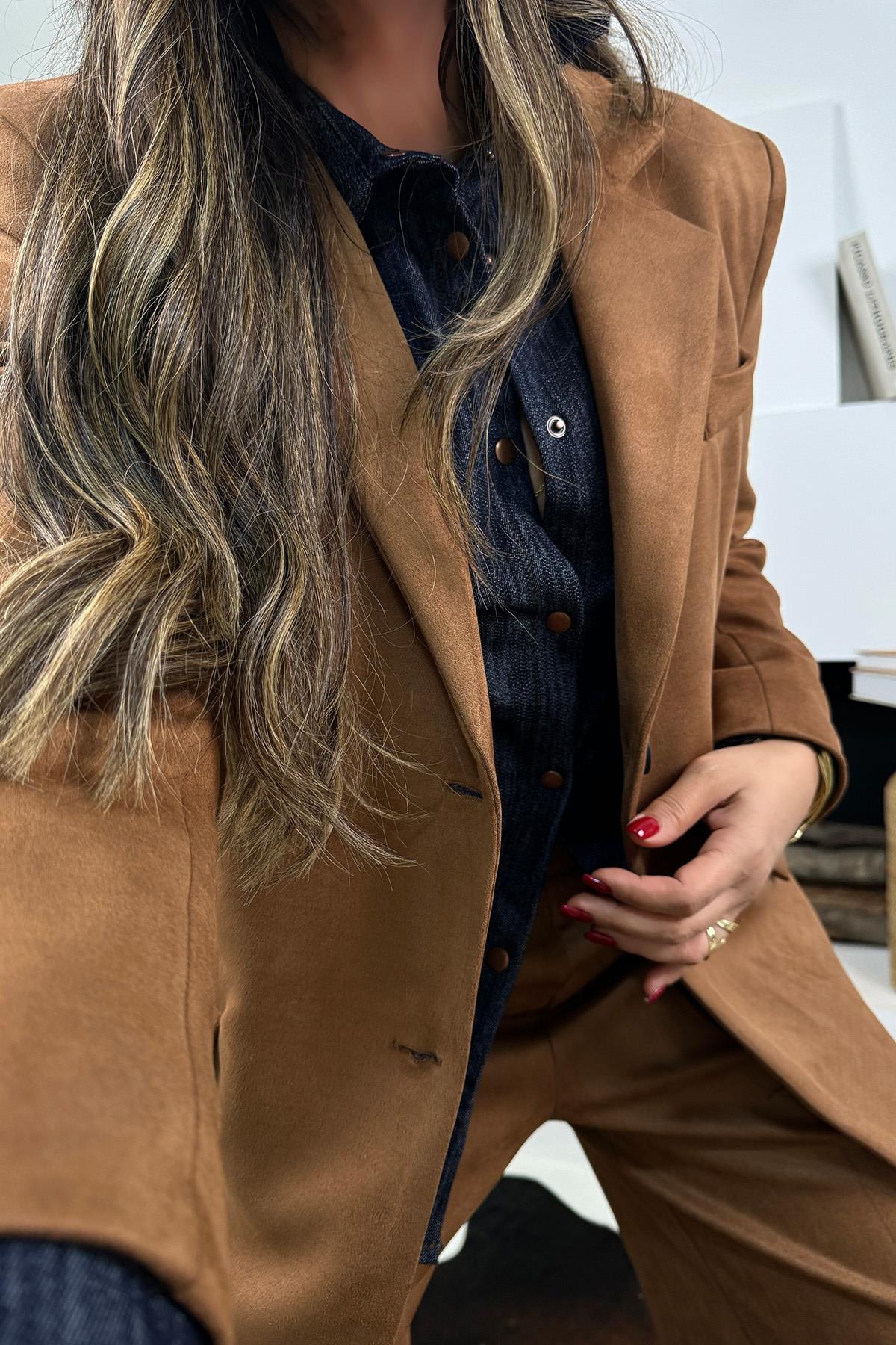 Güderi Kapaklı Cep Detay Blazer Ceket Taba