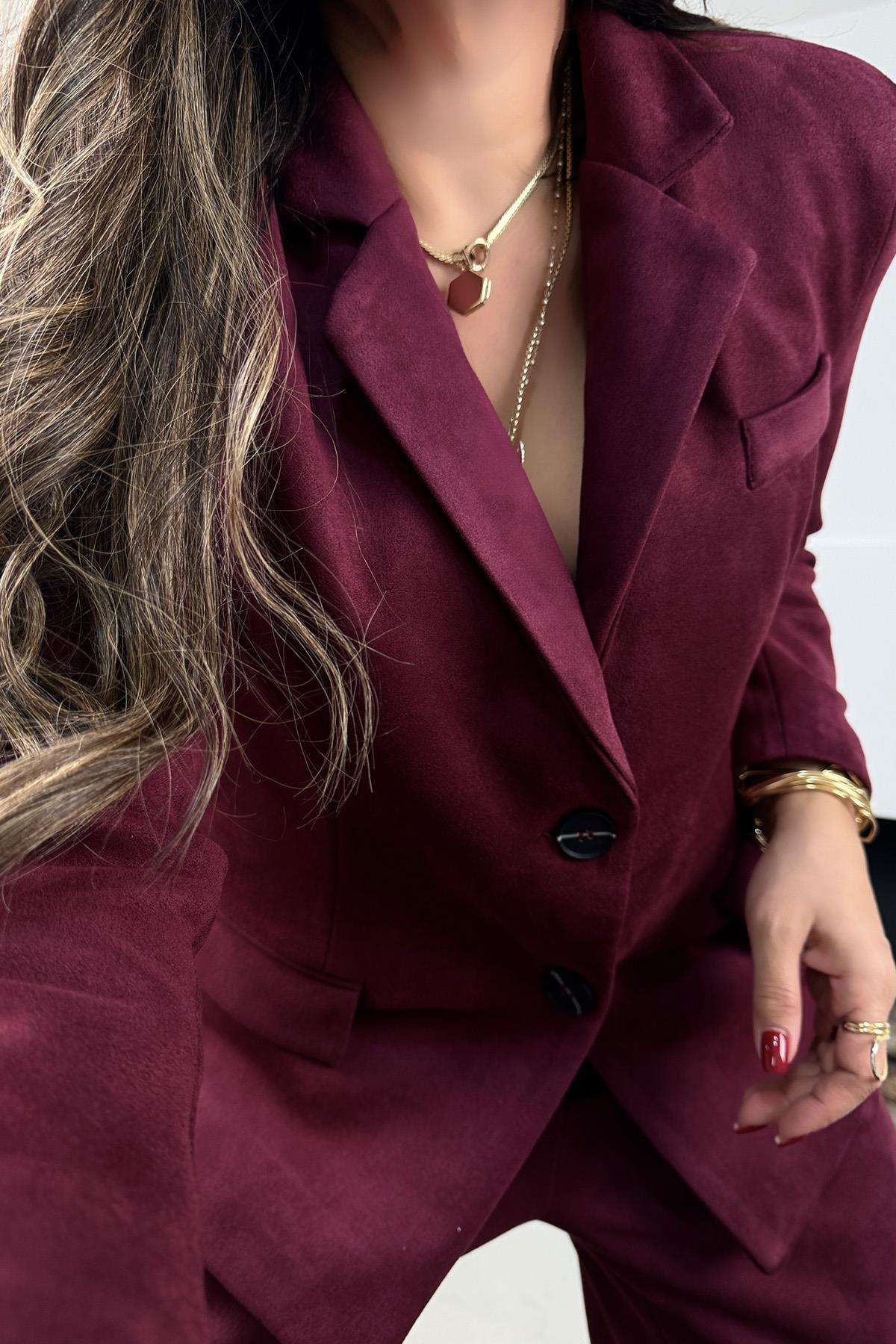 Güderi Kapaklı Cep Detay Blazer Ceket Bordo