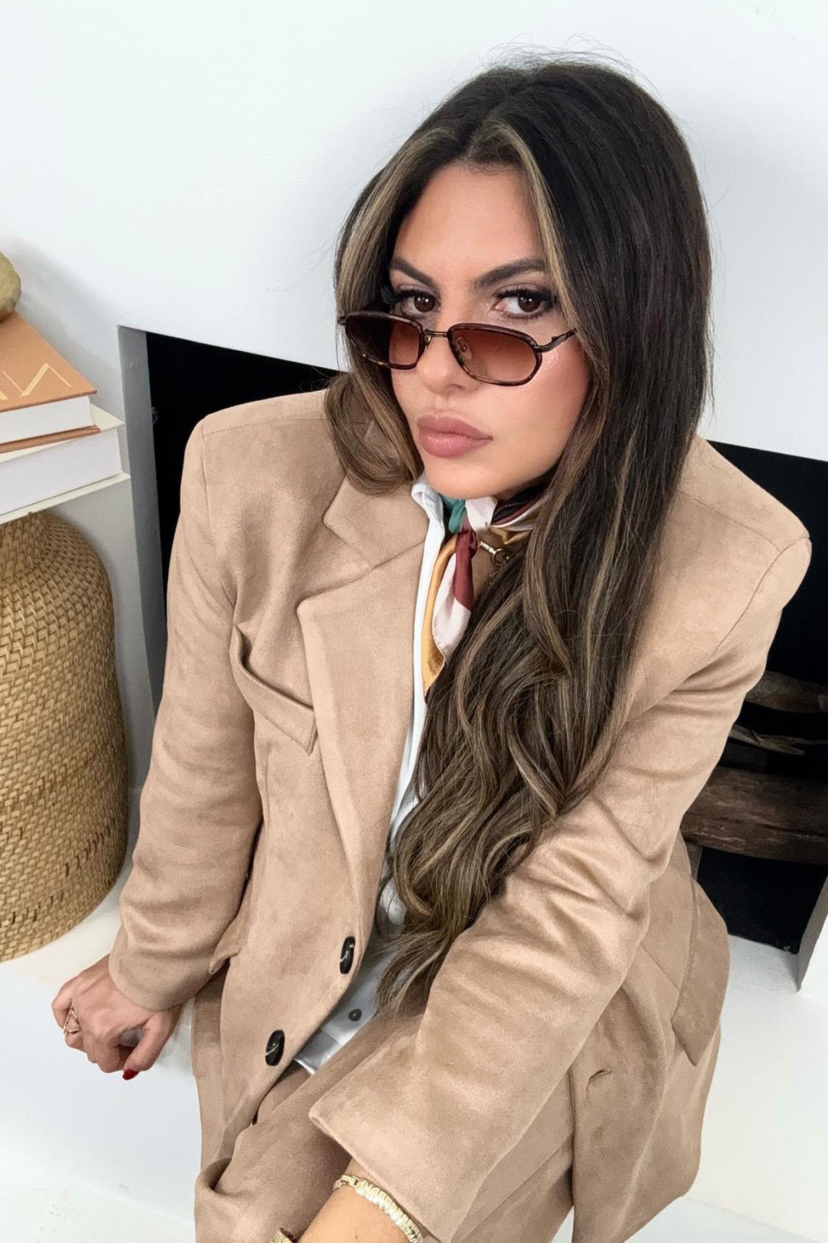 Güderi Kapaklı Cep Detay Blazer Ceket Bej