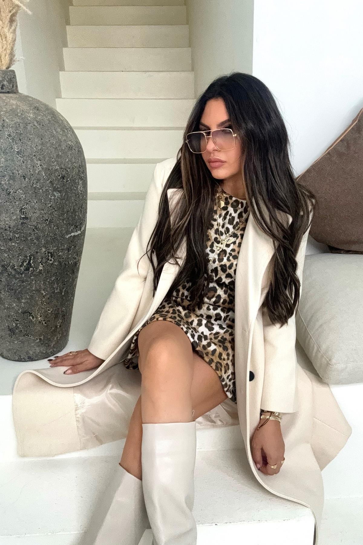 Güderi Kısa Kol Leopar Elbise Kahverengi