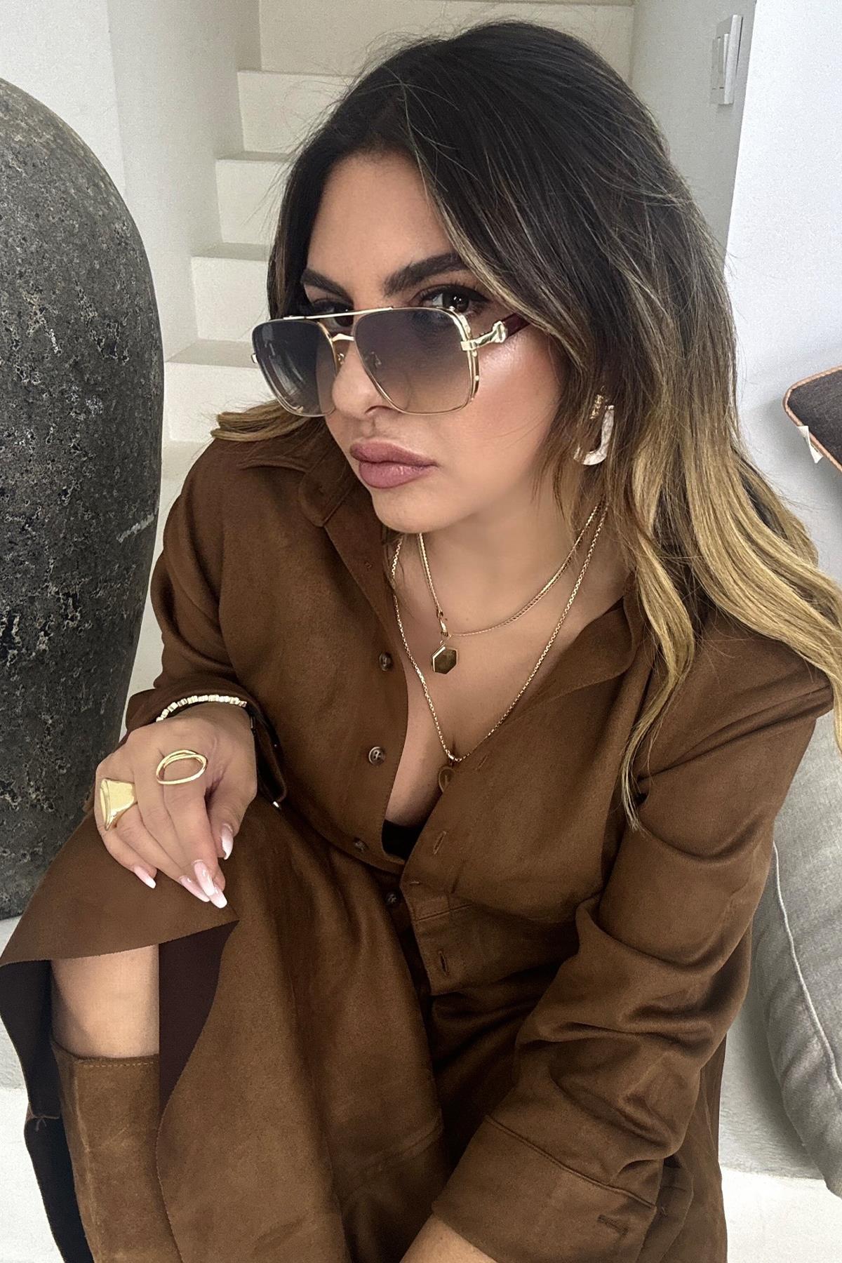 Güderi Kumaş Gömlek Etek Takım Acı Kahve
