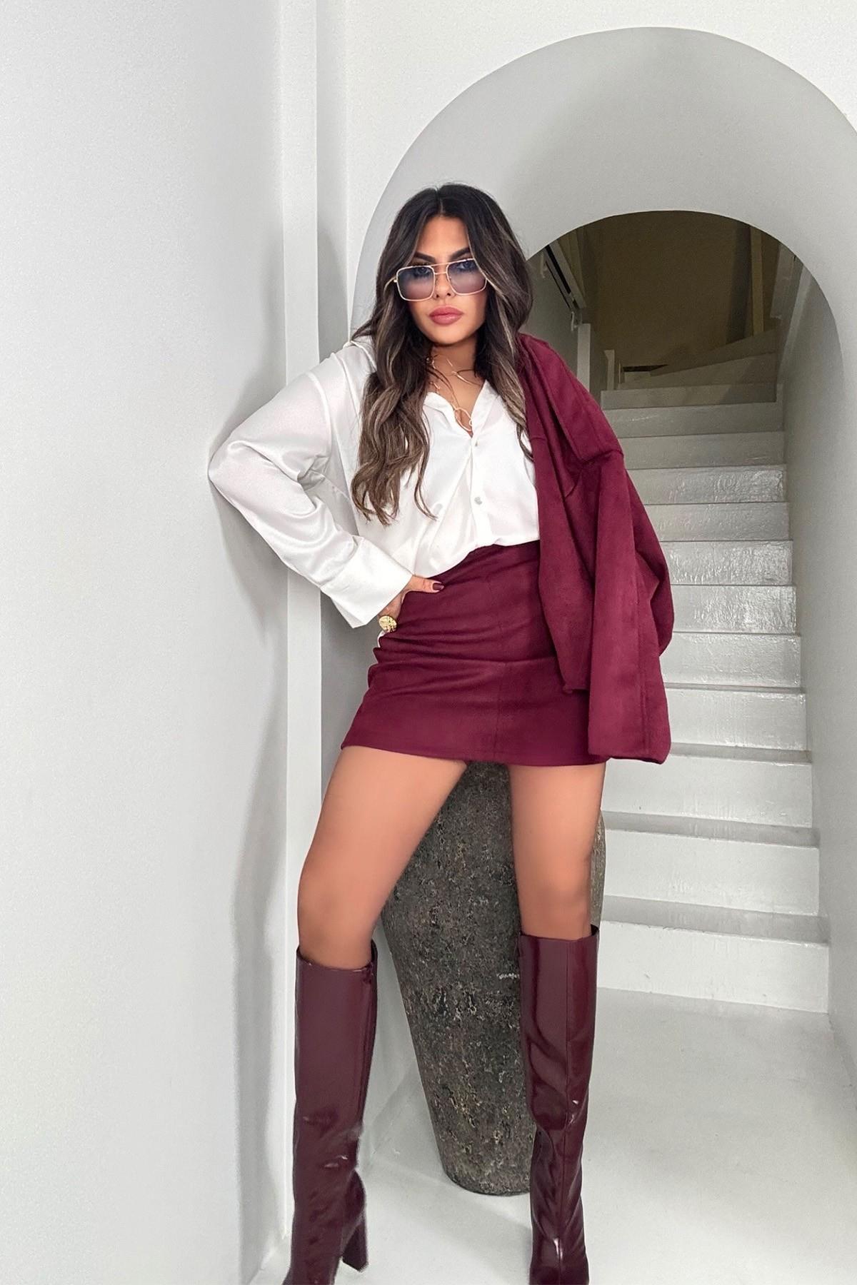 Güderi Mini Etek Bordo
