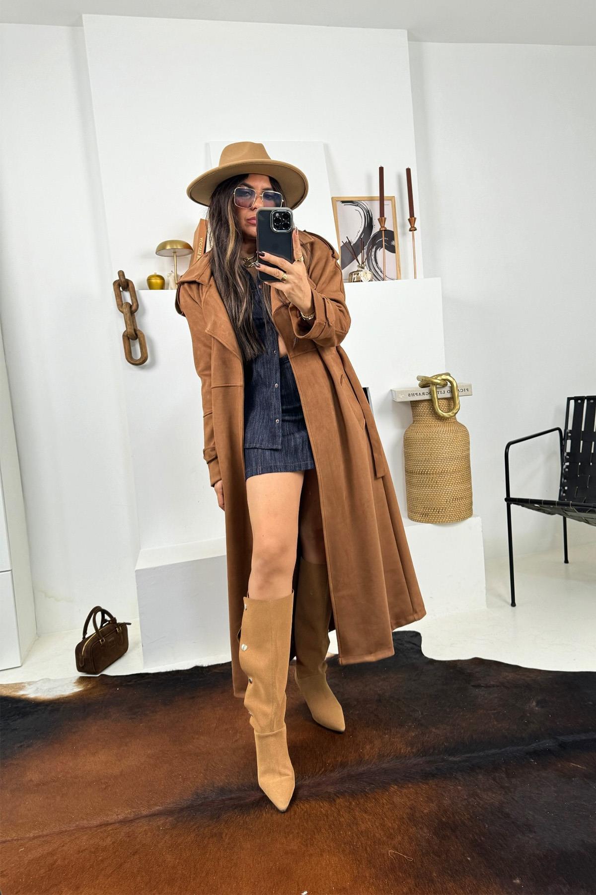 Güderi Trenchcoat Model Kaban Taba