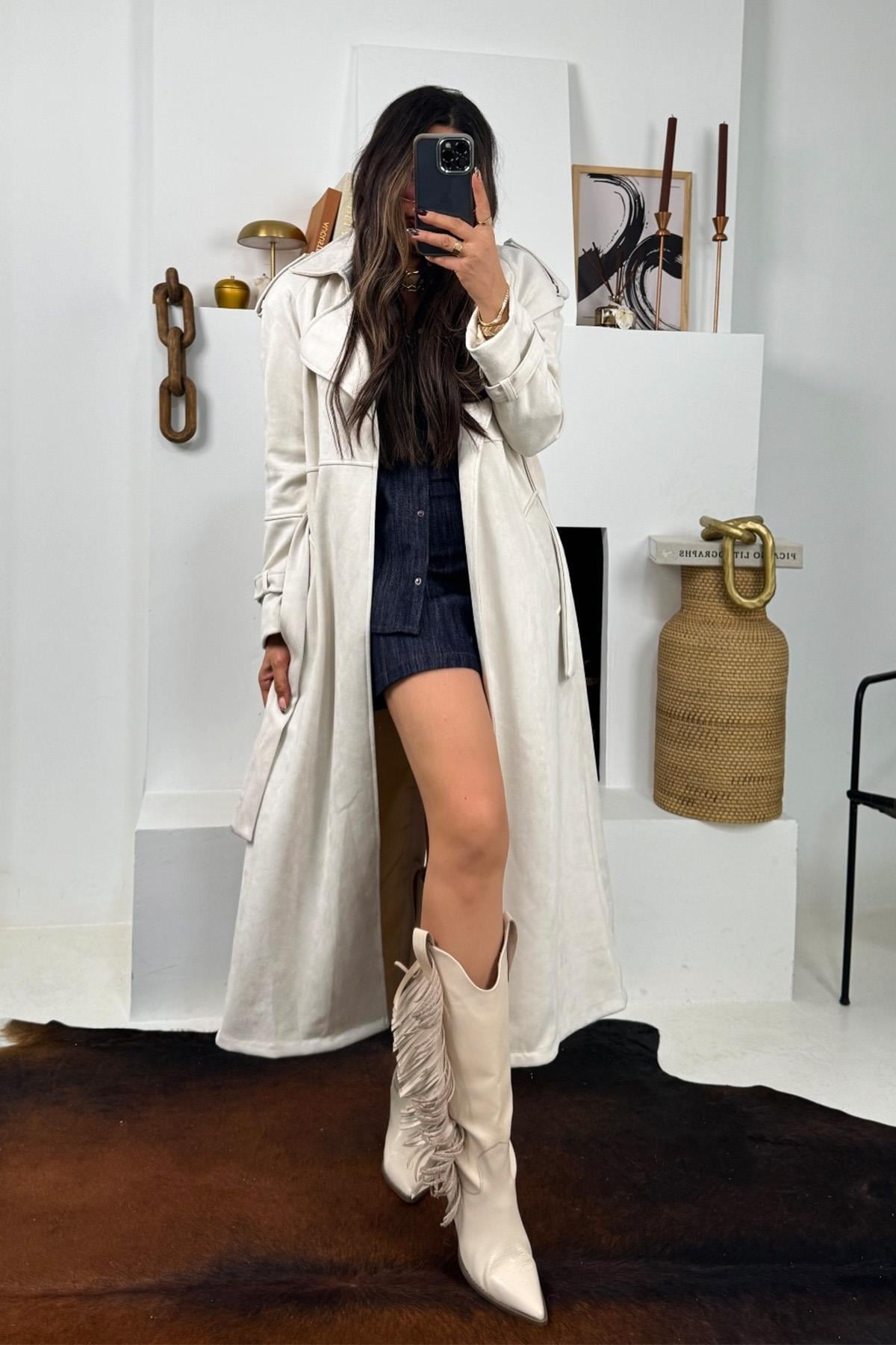 Güderi Trenchcoat Model Kaban Taş