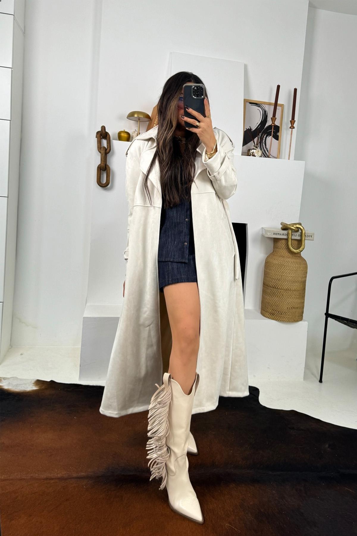 Güderi Trenchcoat Model Kaban Taş