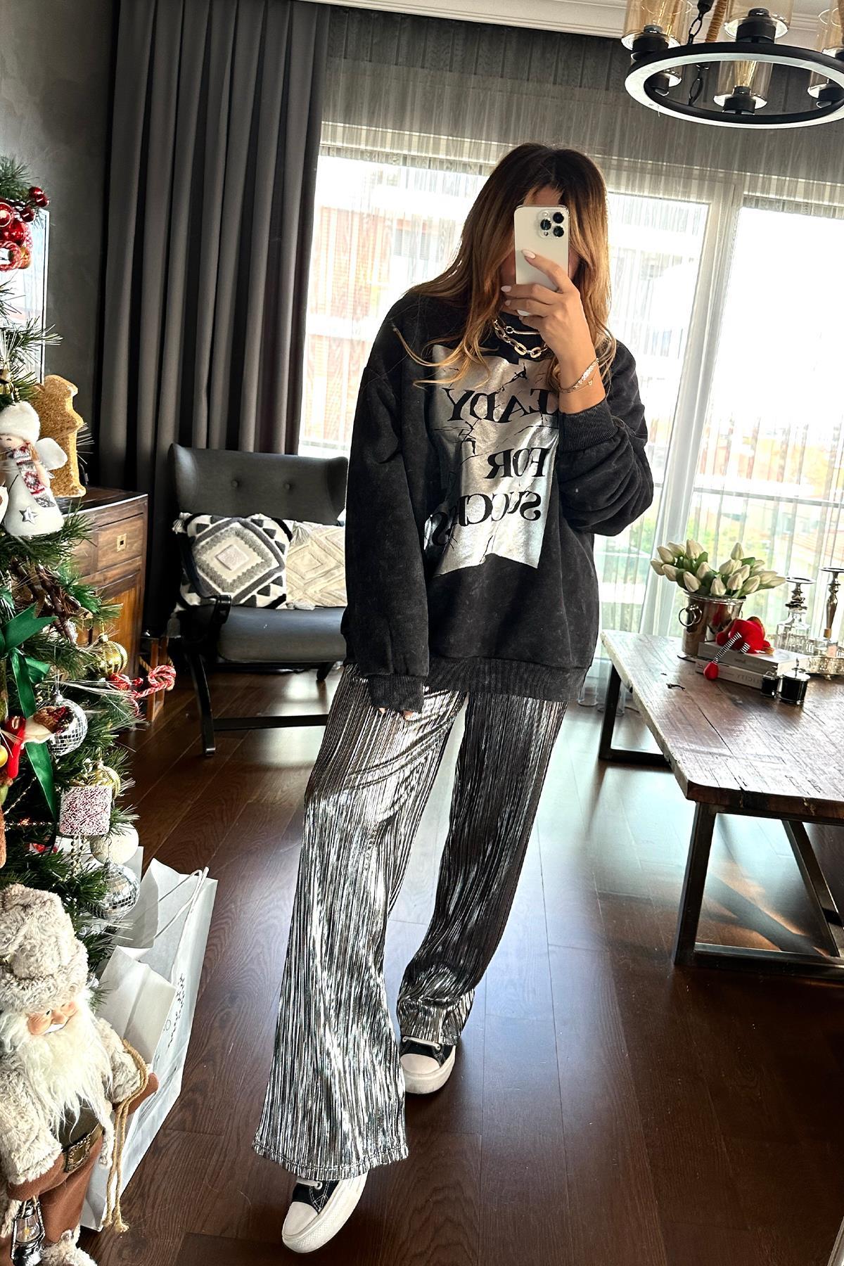 Gümüş Baskı Detaylı Sweatshirt Antrasit