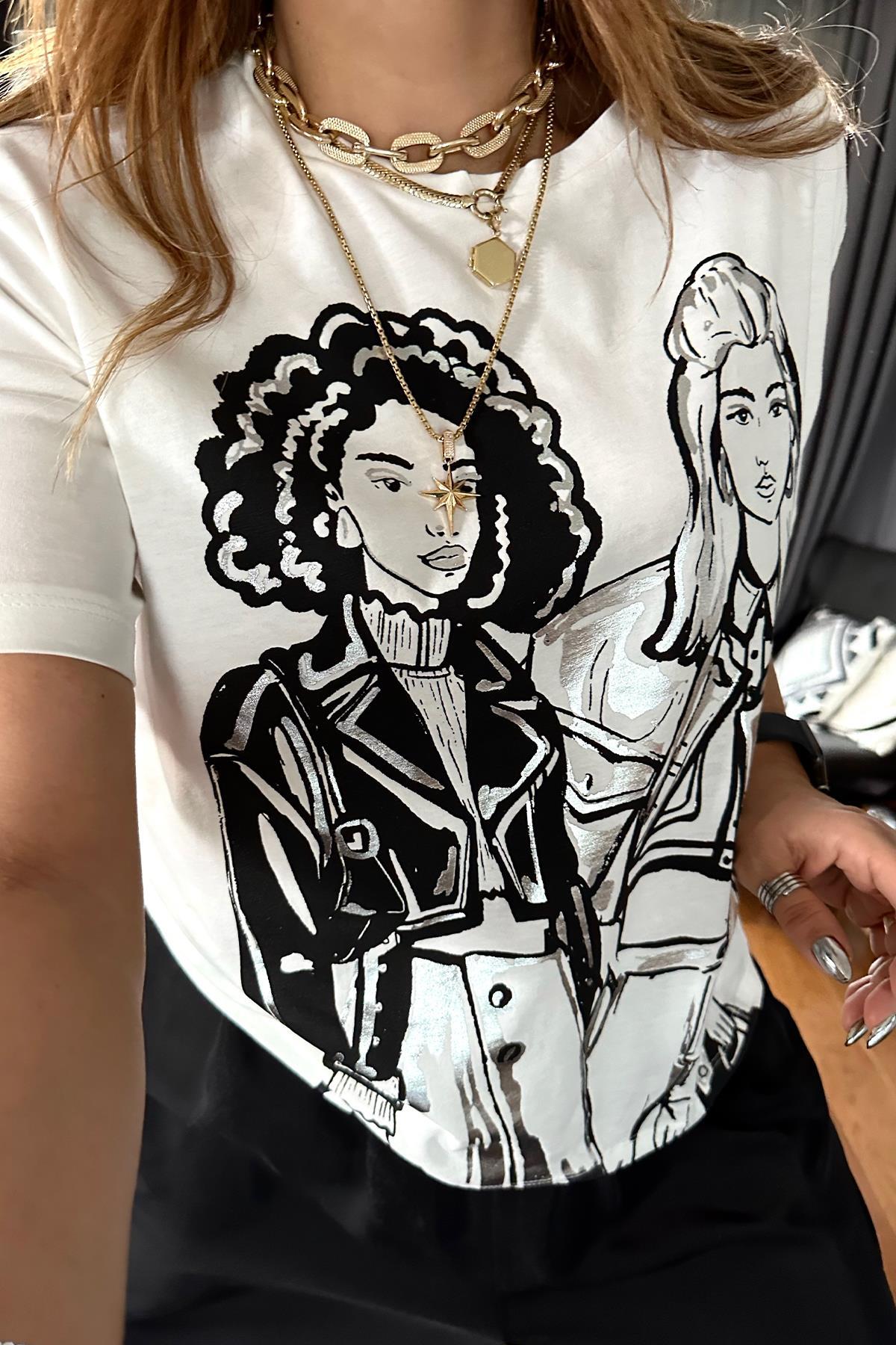 Gümüş Kız Baskılı Tshirt Ekru
