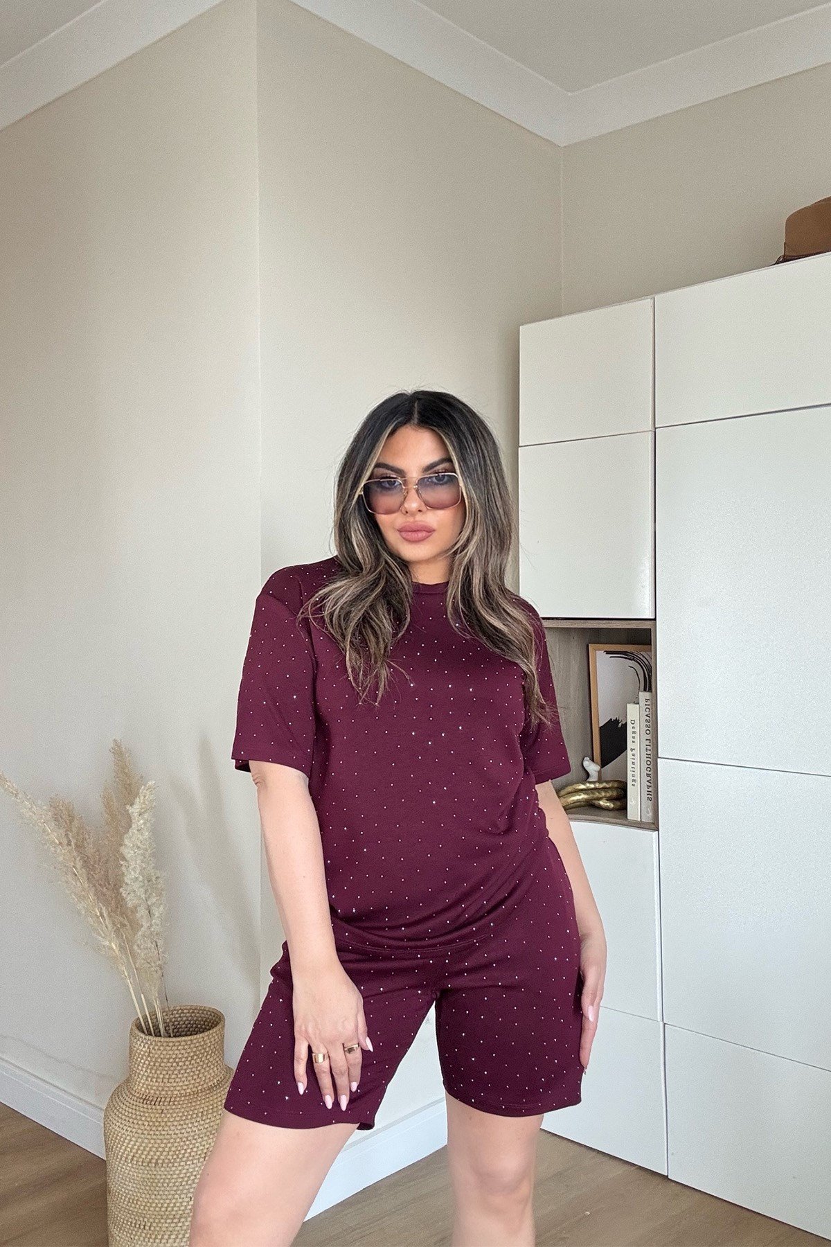 Gümüş Troklu Tencel Kumaş Takım Bordo