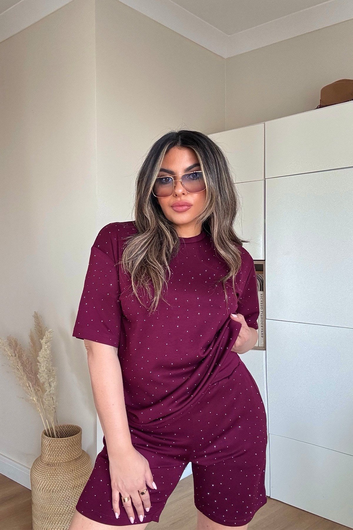 Gümüş Troklu Tencel Kumaş Takım Bordo