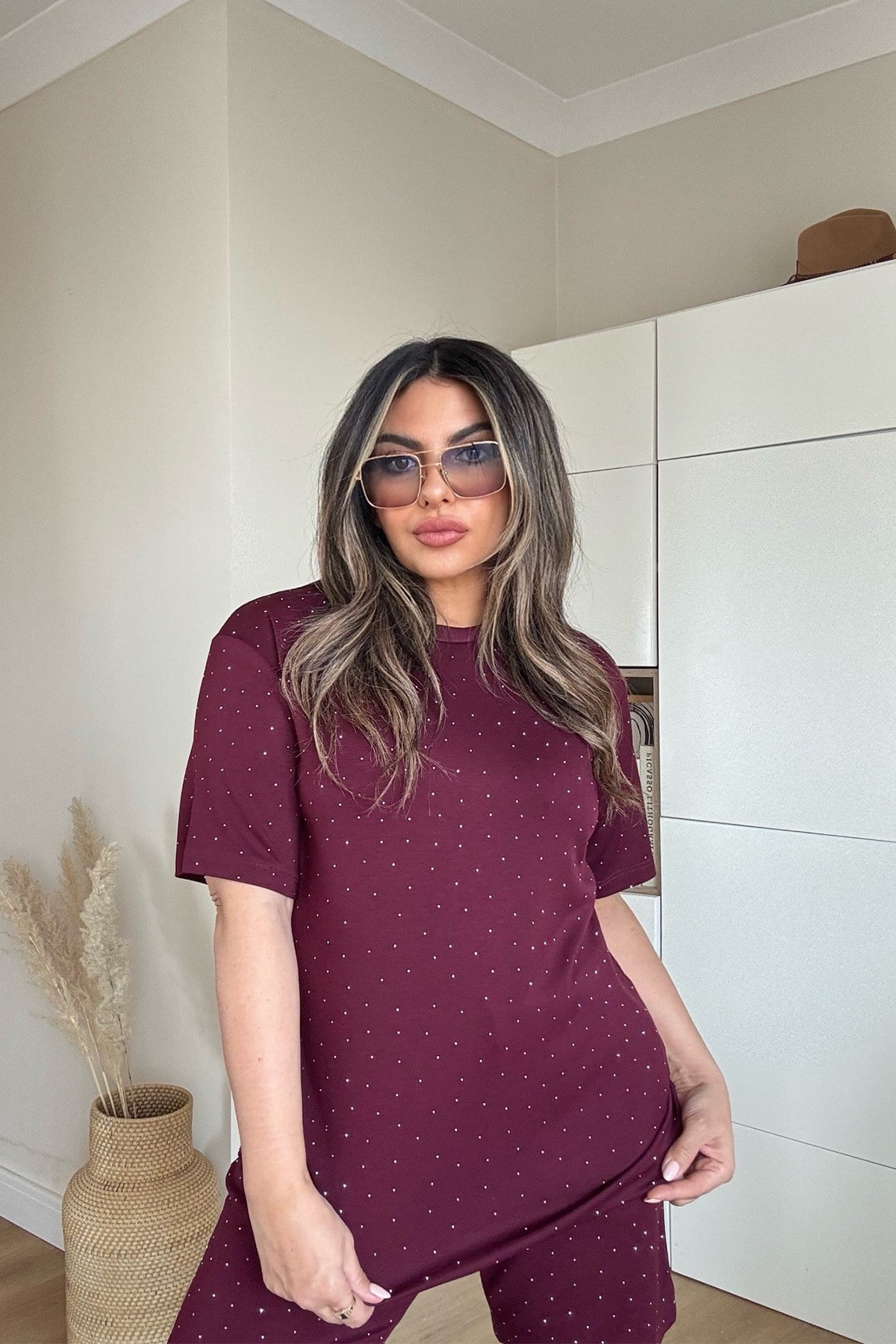 Gümüş Troklu Tencel Kumaş Takım Bordo