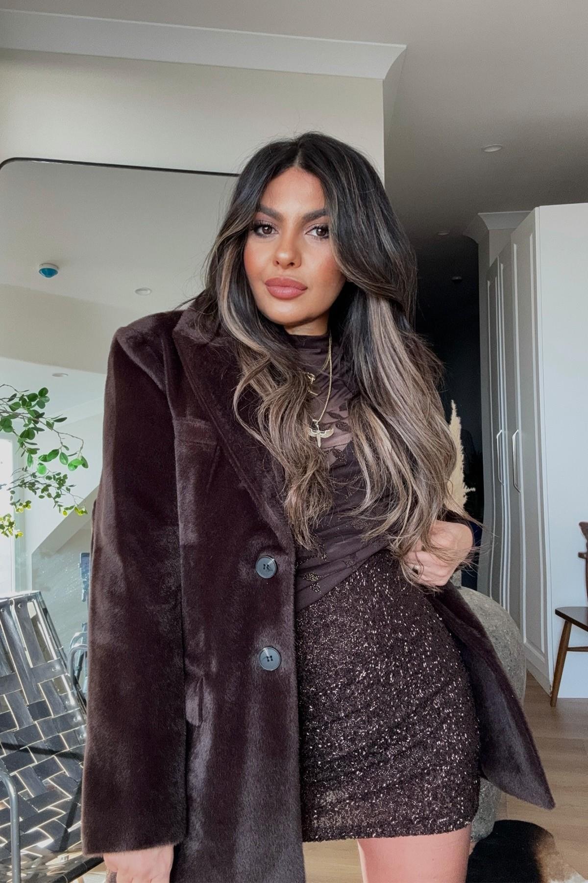 İki Düğmeli Kürk Blazer Ceket Acı Kahve