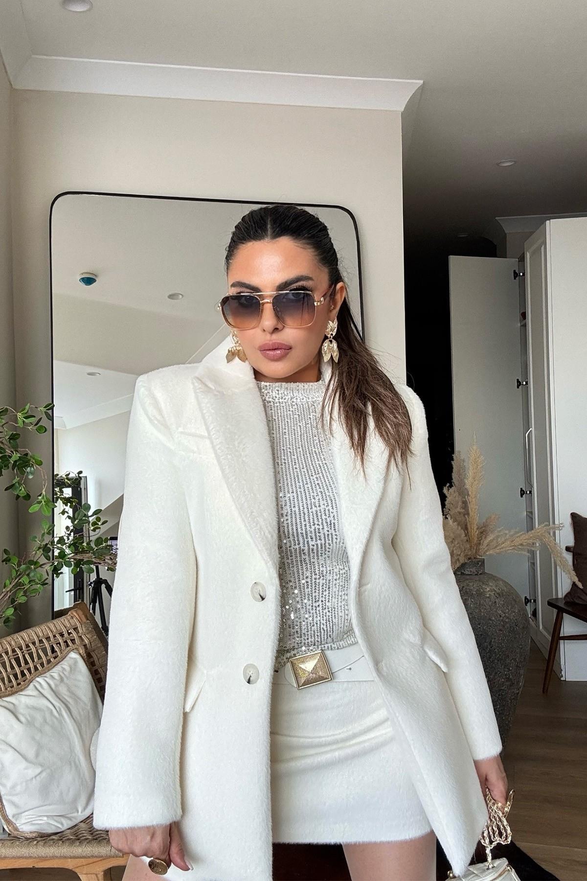 İki Düğmeli Kürk Blazer Ceket Ekru