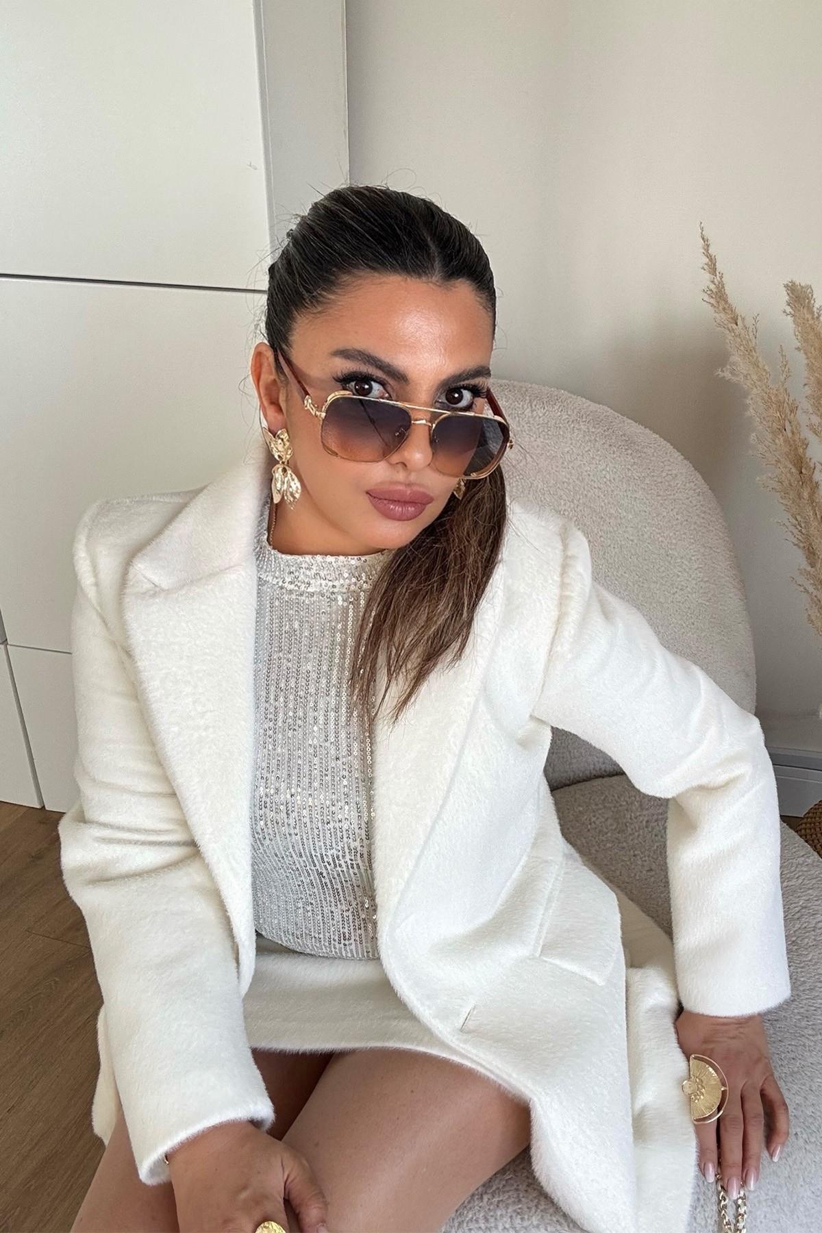 İki Düğmeli Kürk Blazer Ceket Ekru