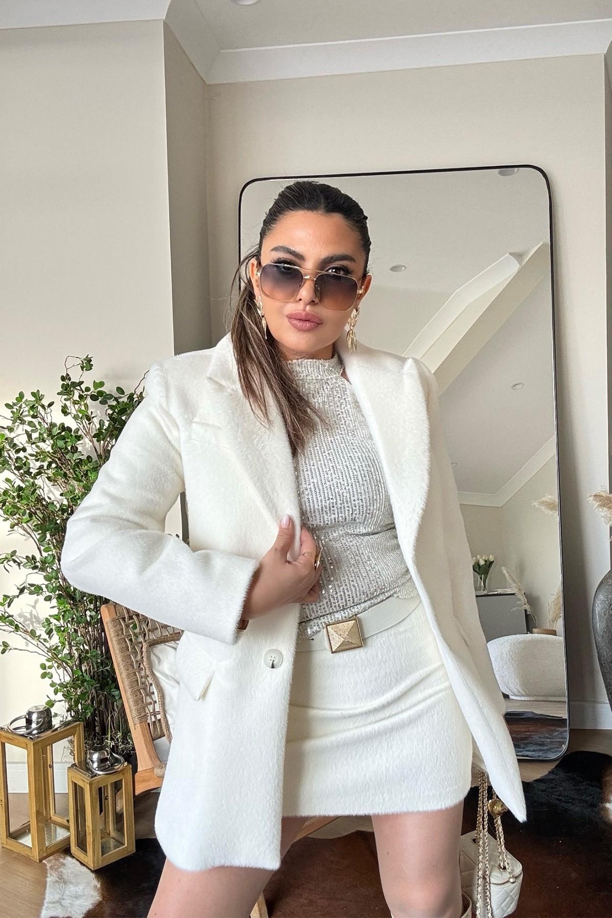 İki Düğmeli Kürk Blazer Ceket Ekru