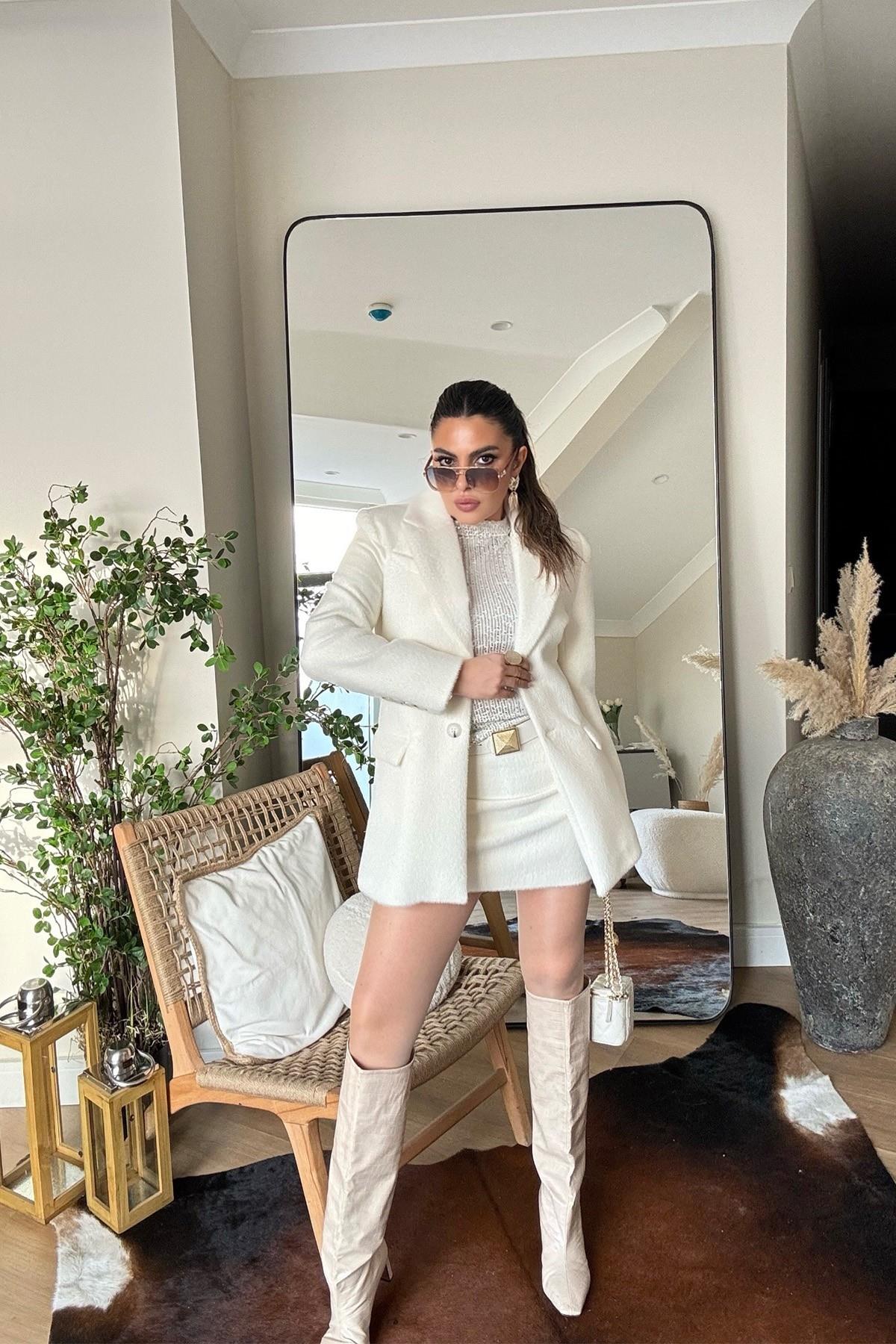 İki Düğmeli Kürk Blazer Ceket Ekru