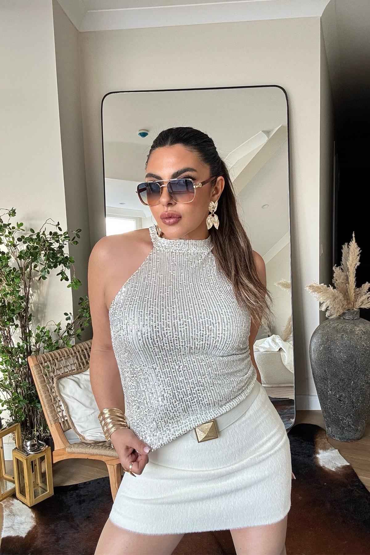 İki Düğmeli Kürk Blazer Ceket Ekru