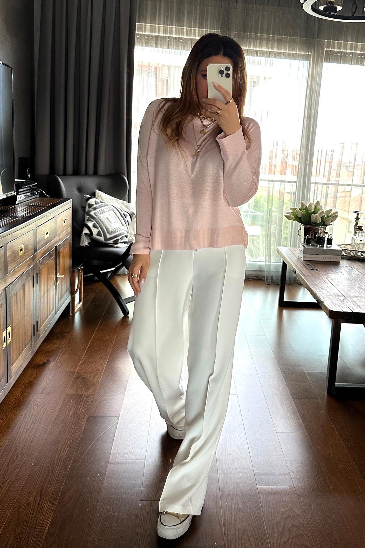 İnce Yanları Yırtmaçlı Basic Kazak Toz Pembe