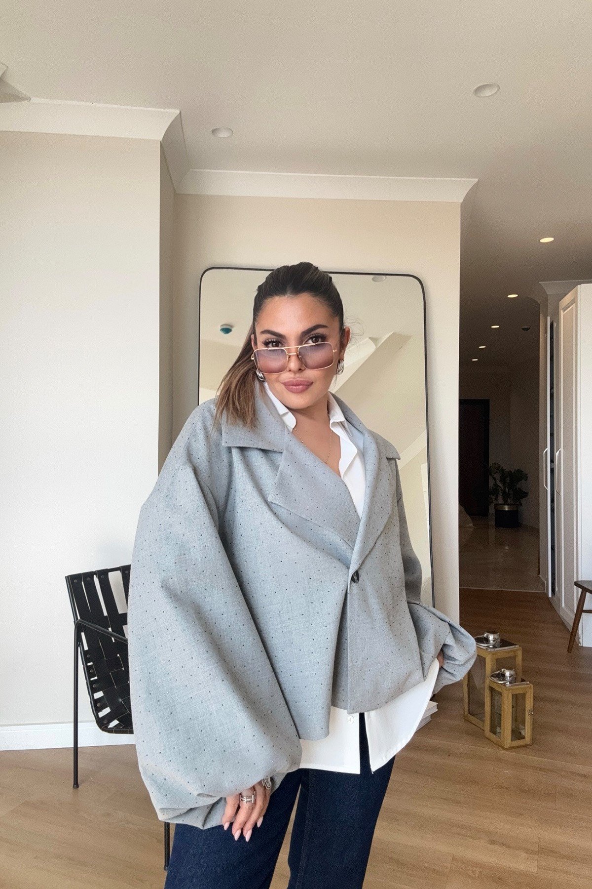 Işıltılı Balon Kol Oversize Ceket Gri