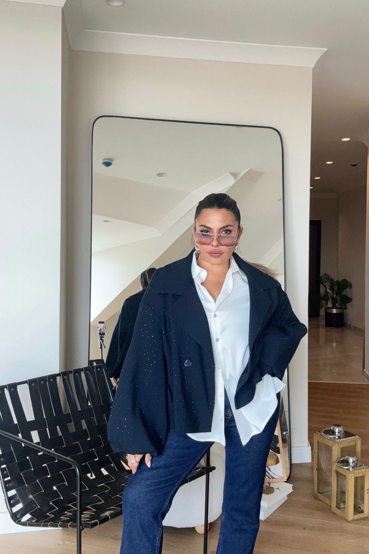 Işıltılı Balon Kol Oversize Ceket Lacivert