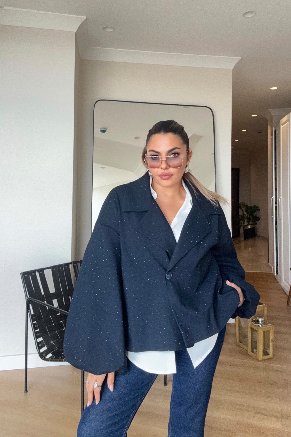 Işıltılı Balon Kol Oversize Ceket Lacivert