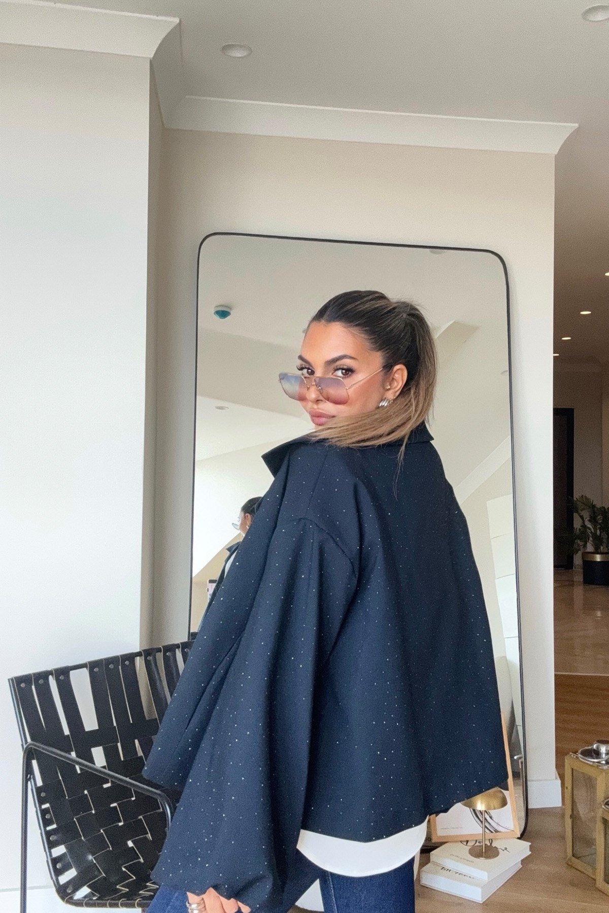 Işıltılı Balon Kol Oversize Ceket Lacivert