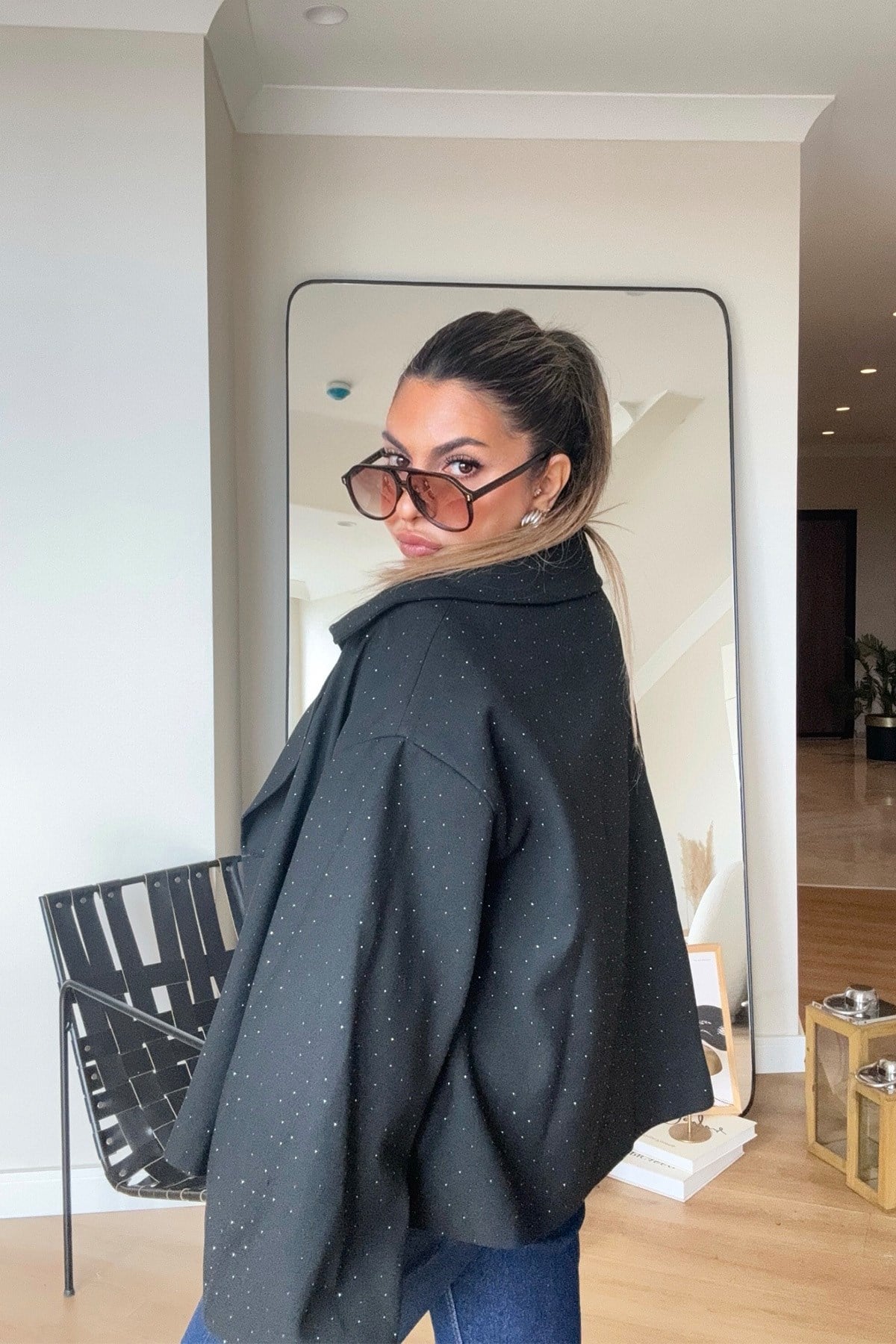 Işıltılı Balon Kol Oversize Ceket Siyah
