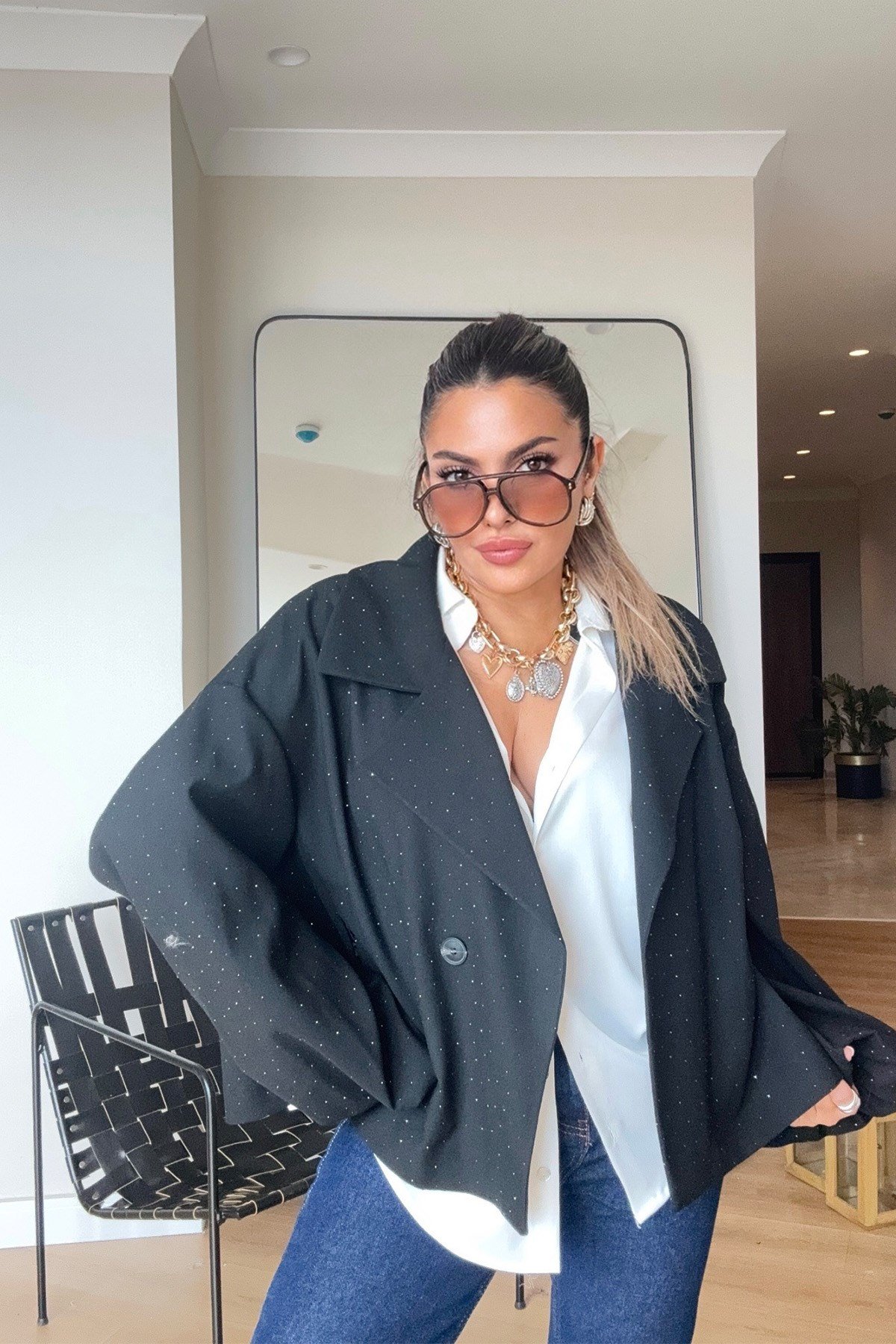 Işıltılı Balon Kol Oversize Ceket Siyah