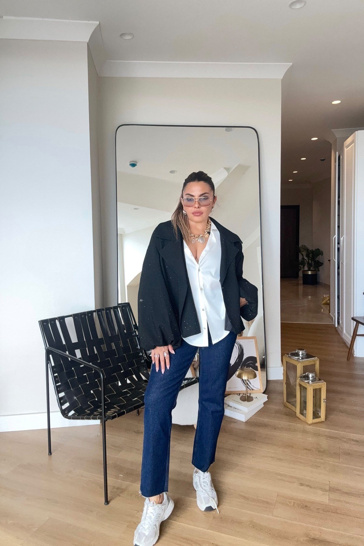 Işıltılı Balon Kol Oversize Ceket Siyah