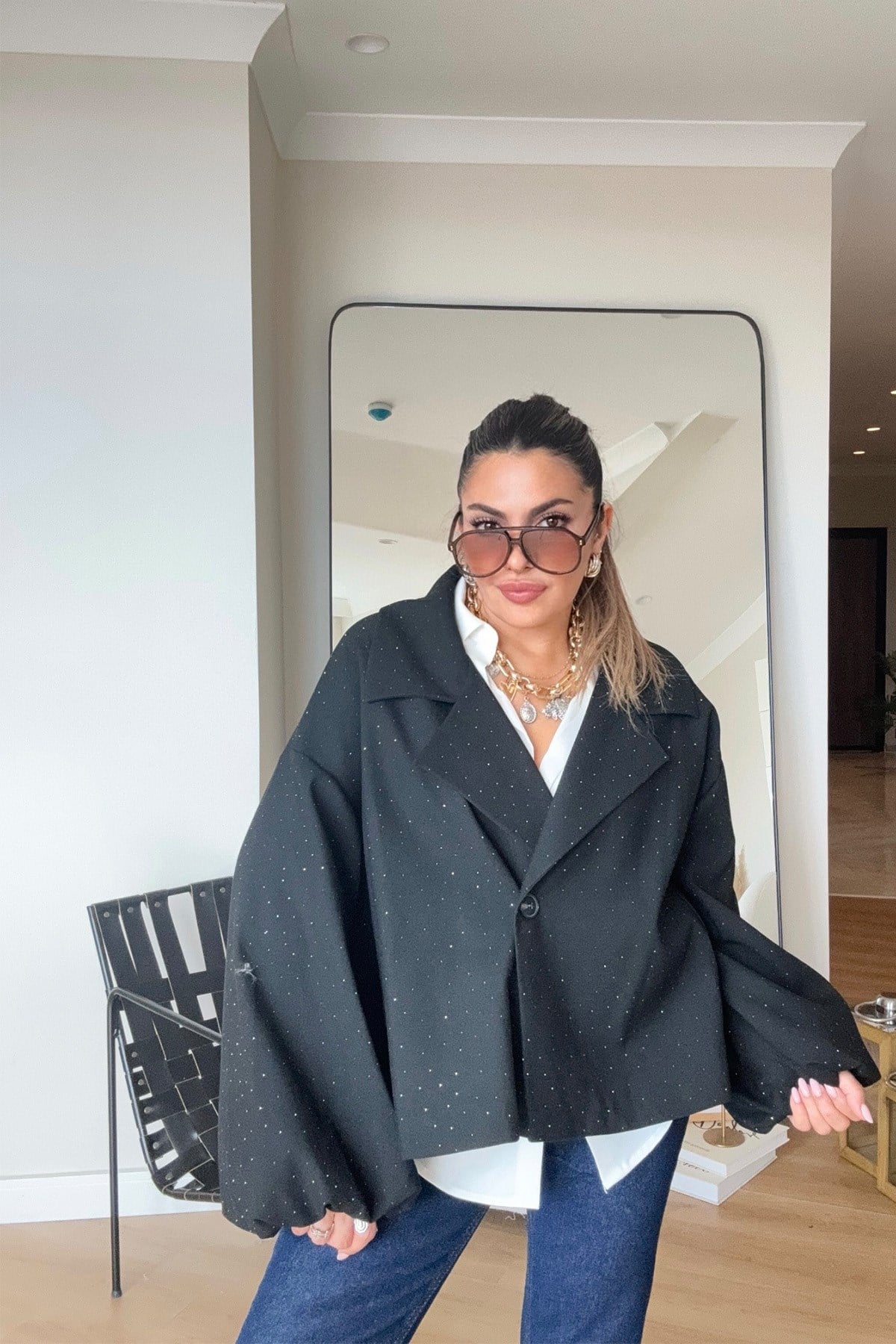 Işıltılı Balon Kol Oversize Ceket Siyah