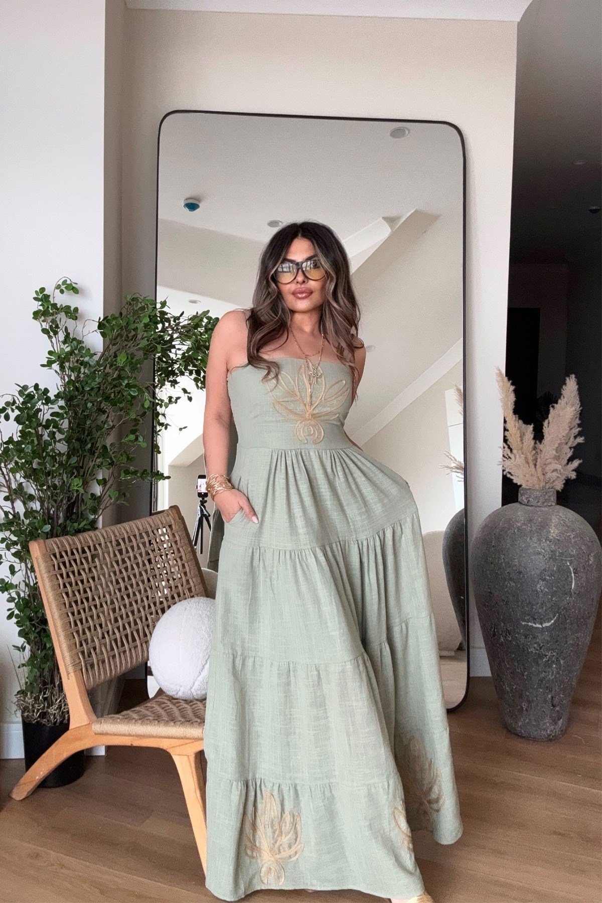 İşleme Detay Pamuk Askılı Elbise Haki