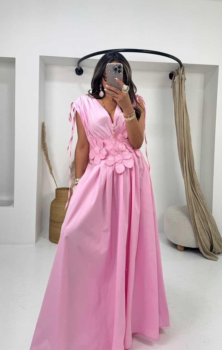 İşlemeli Çiçek Aplikeli Elbise Pembe