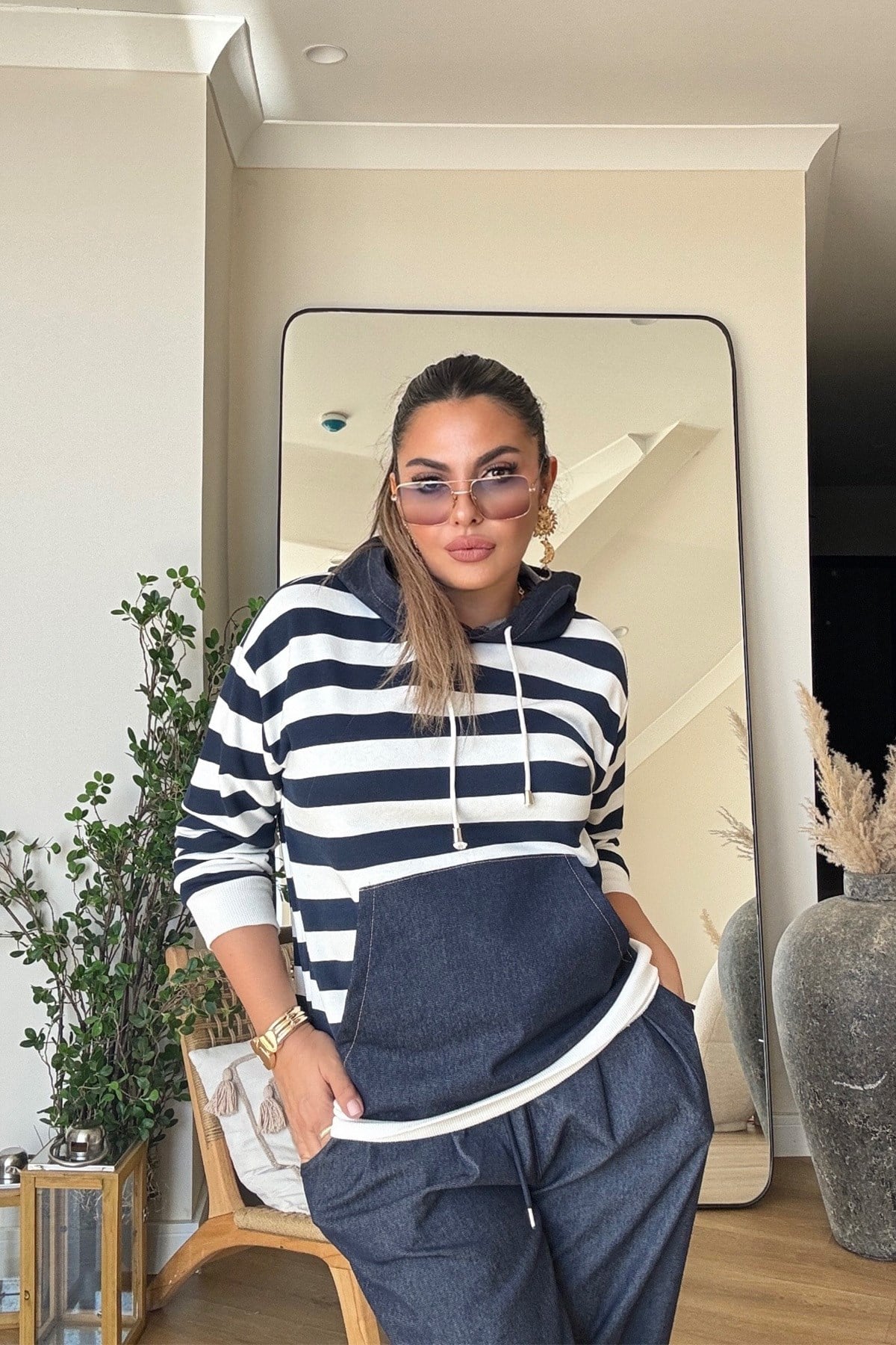 Jean Garnili Çizgili Sweatshirt Lacivert-Ekru