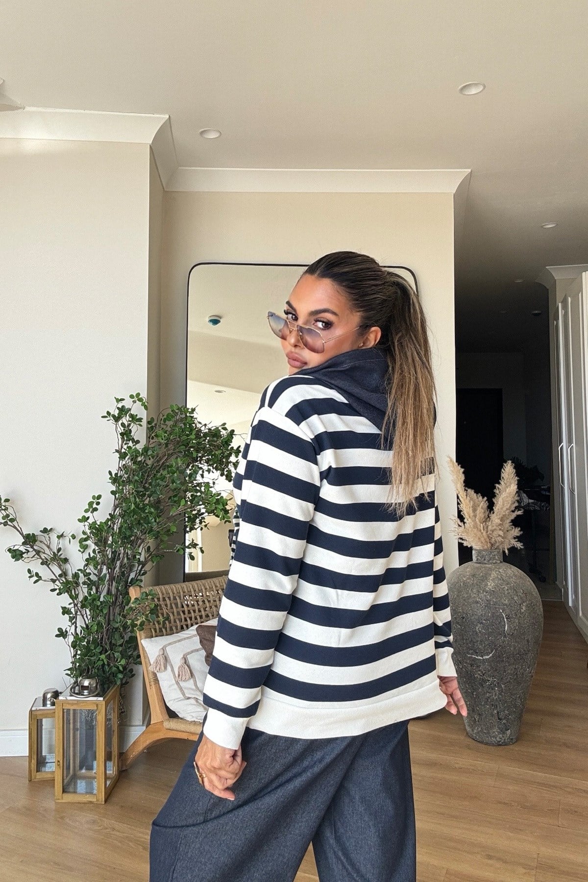 Jean Garnili Çizgili Sweatshirt Lacivert-Ekru