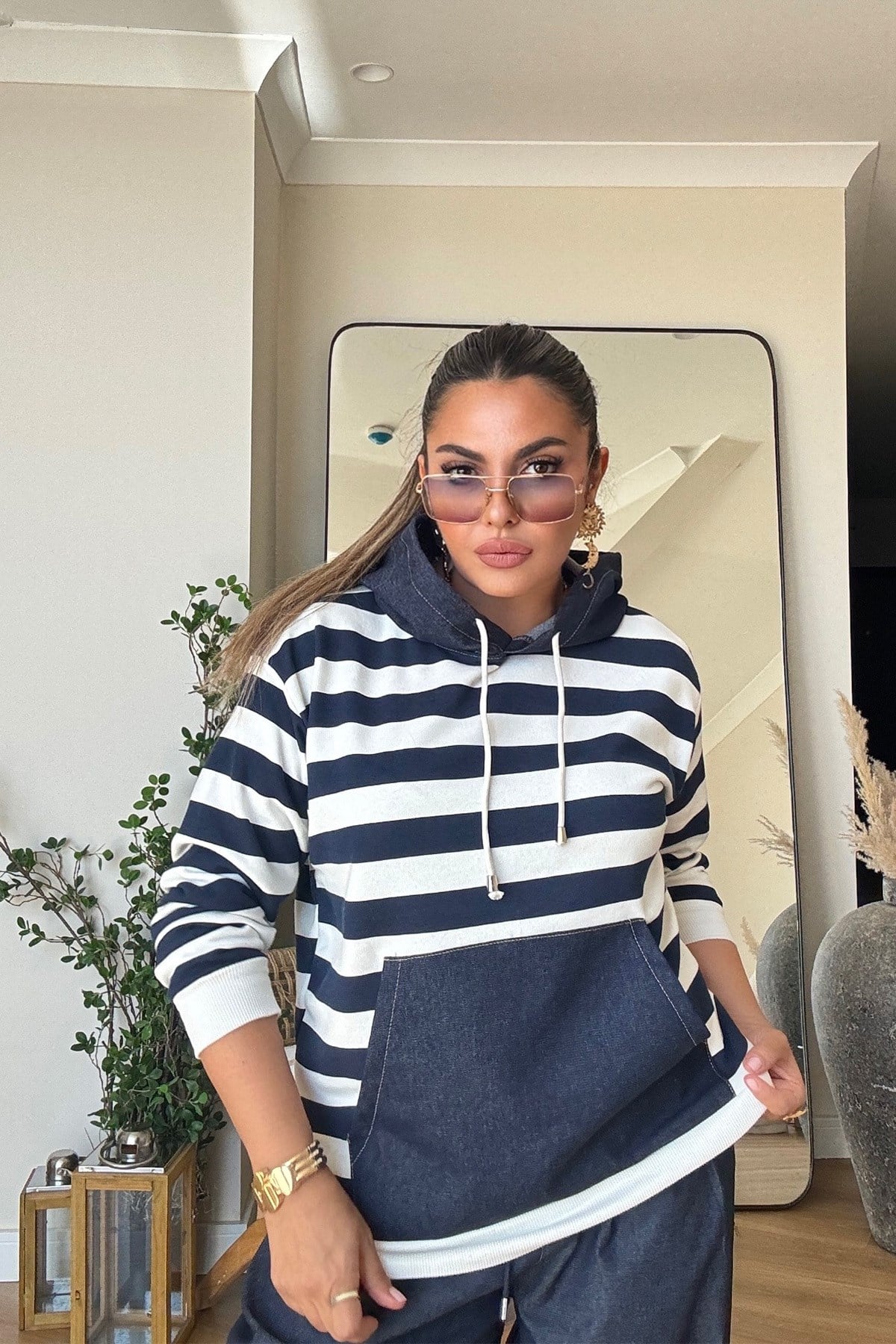 Jean Garnili Çizgili Sweatshirt Lacivert-Ekru