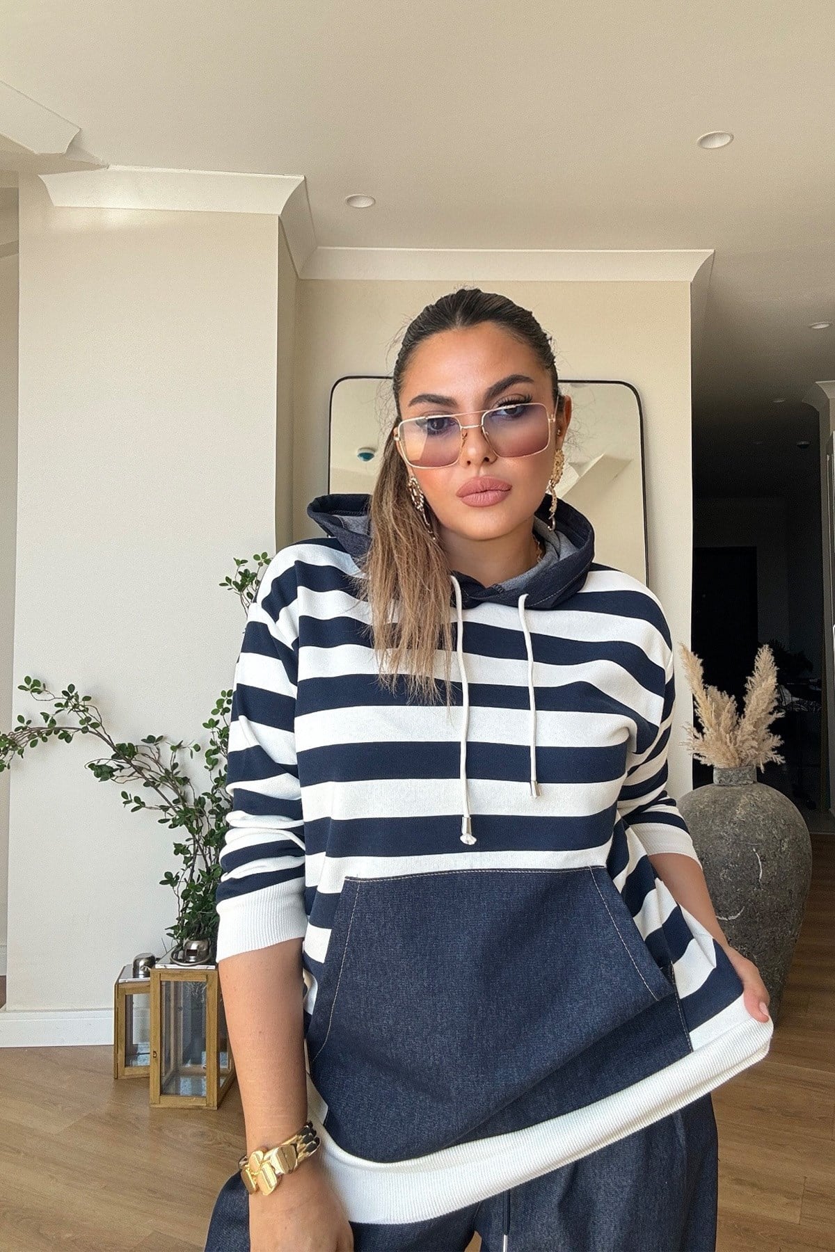 Jean Garnili Çizgili Sweatshirt Lacivert-Ekru